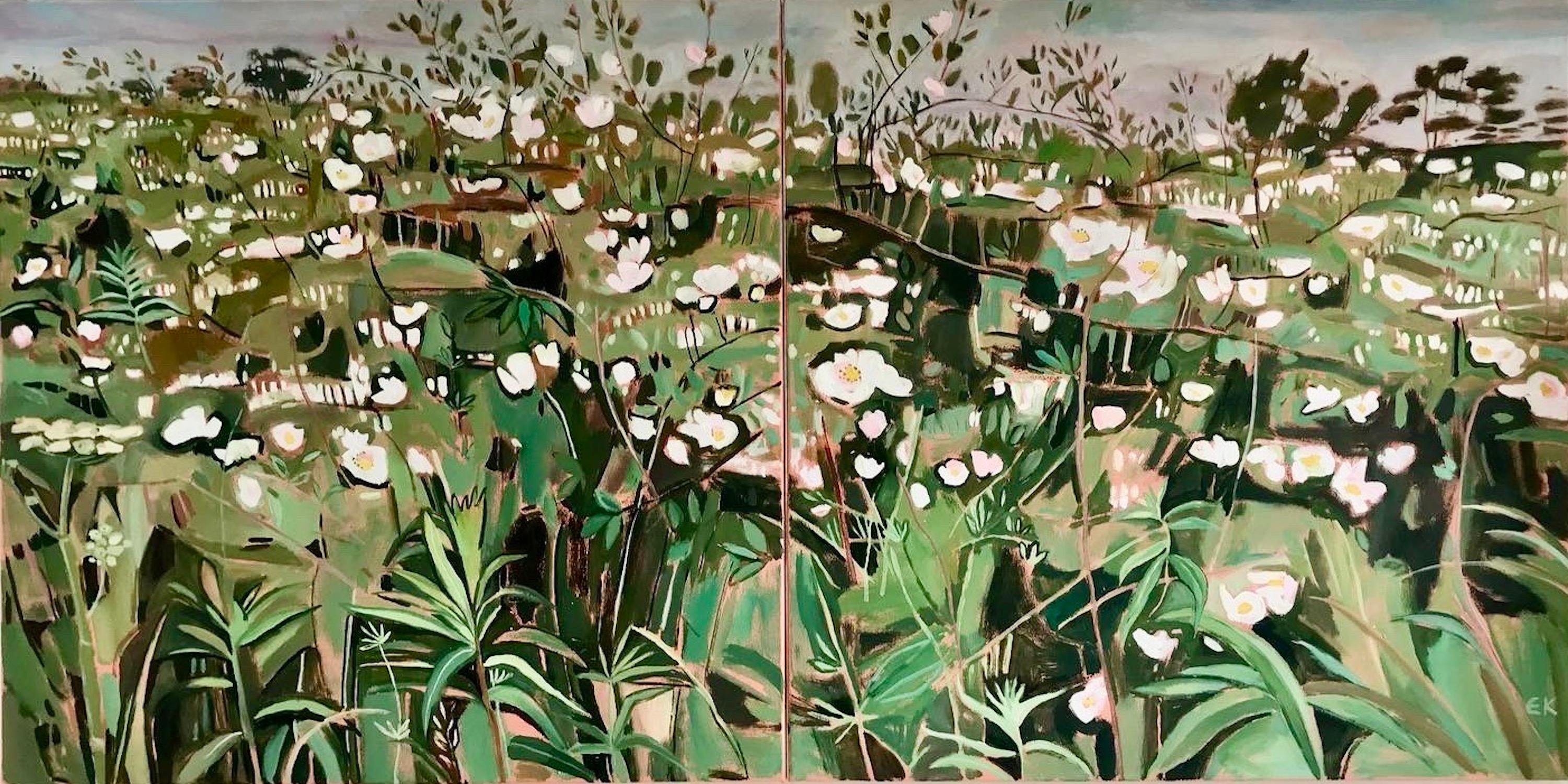 Elaine Kazimierczuk  Landscape Painting - Summer hedgerows with Dog & Roses, Elaine Kazimierczuk, Original floral art