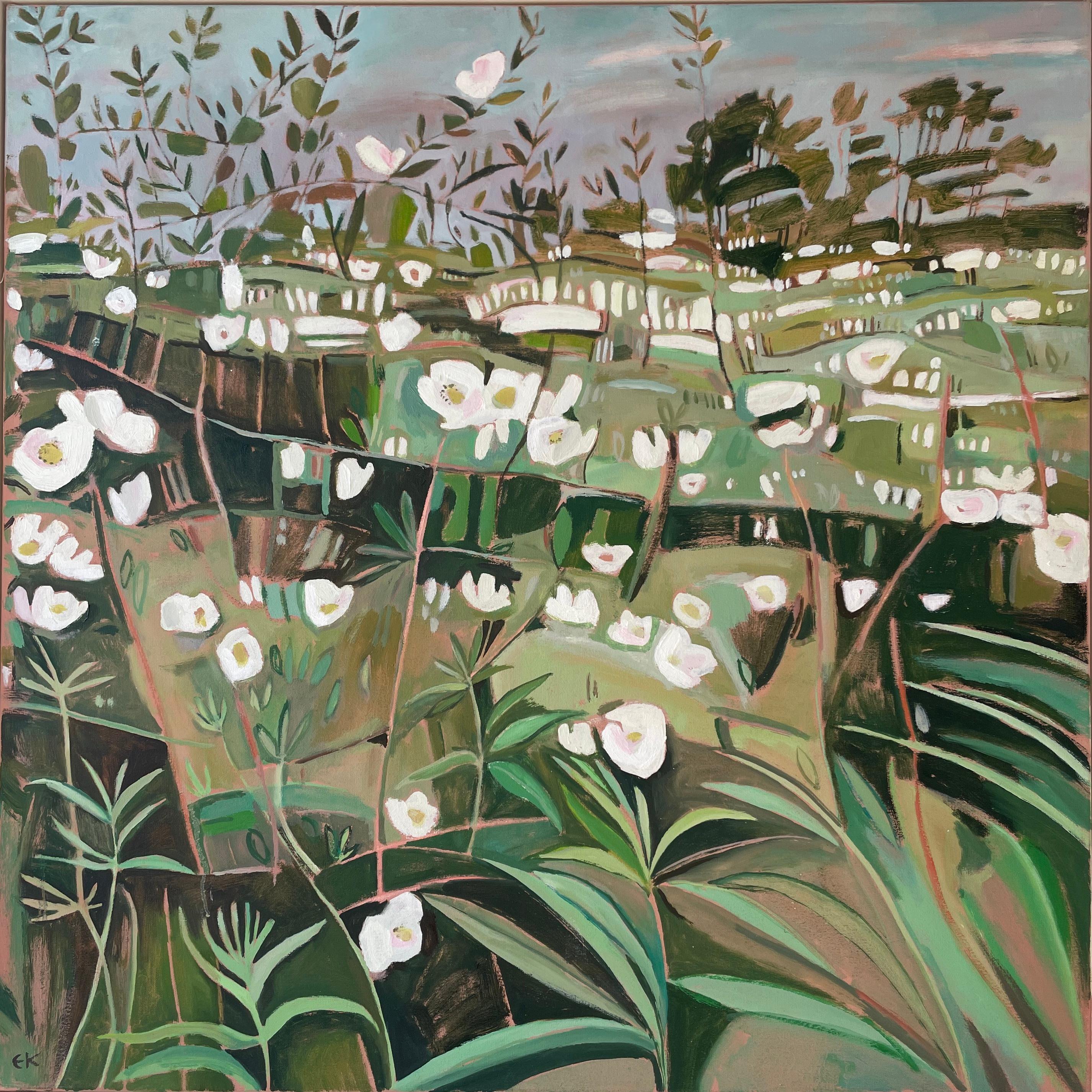 509 Summer Hedgerow with Dog Roses, contemporary, original painting garden
