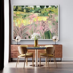 Promenade dans un jardin d'été, peinture originale de paysage, œuvre d'art naïve