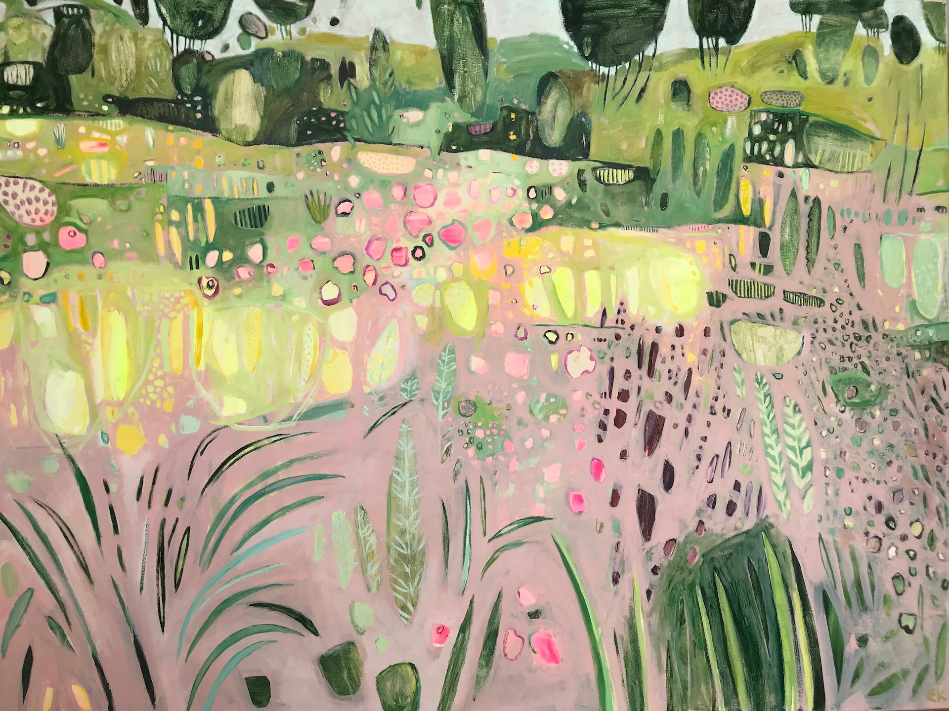 Elaine Kazimierczuk Abstract Painting - A Walk Through a Summer Garden, Original Landscape Painting, Naïve Artwork