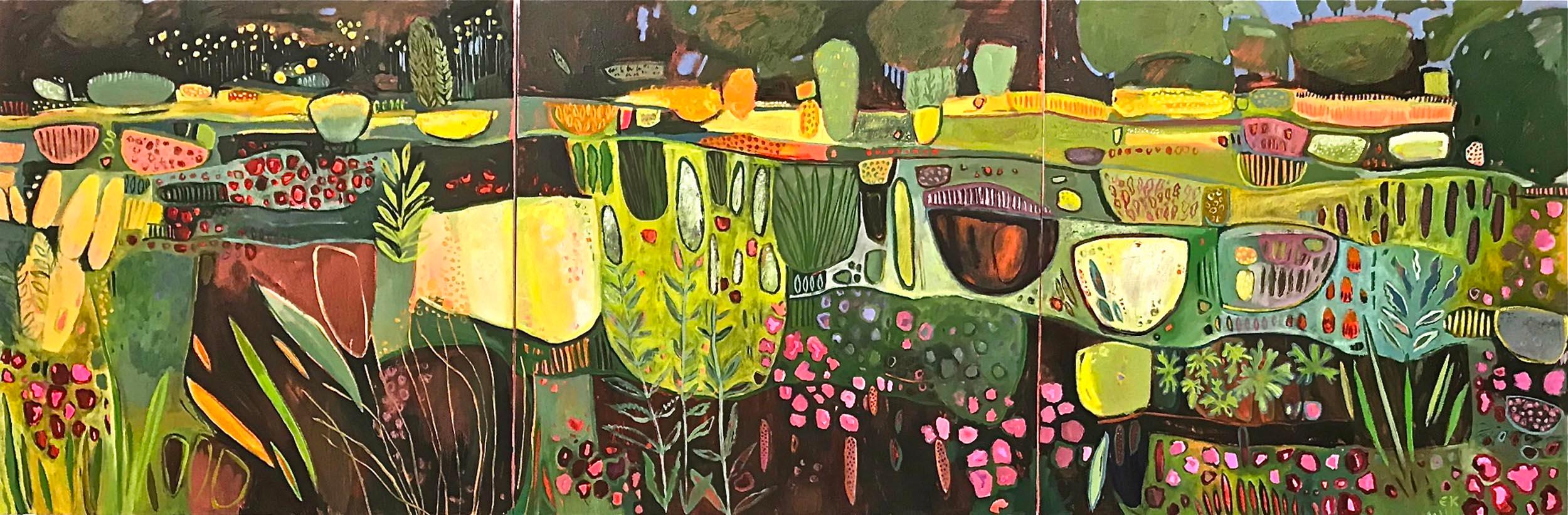 Elaine Kazimierczuk Abstract Painting – Amazing Fun in the Oxford Botanic Gardens, große abstrakte Landschaft, zeitgenössisch
