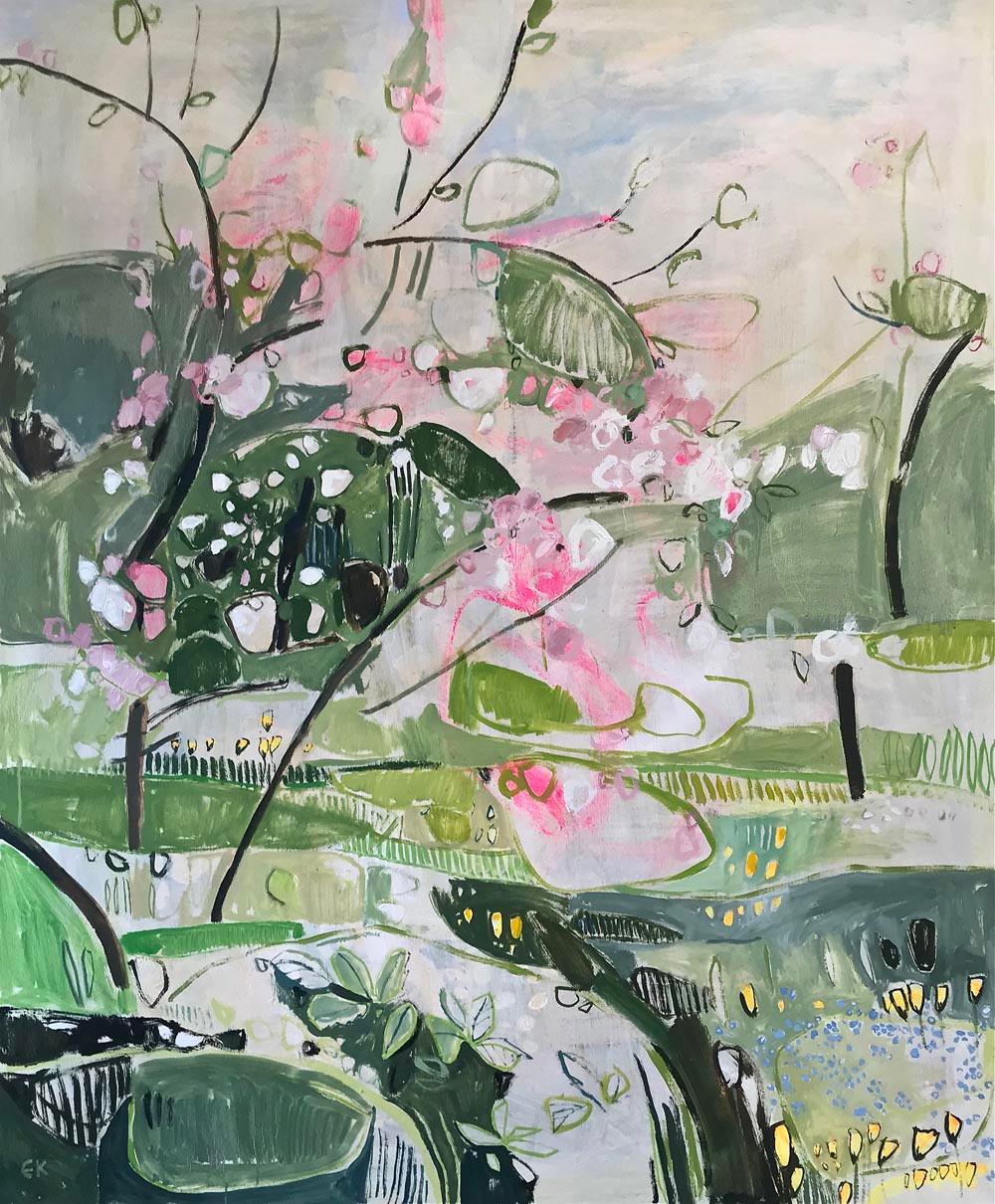 Elaine Kazimierczuk Abstract Painting - Apple Blossom at Botley Lane Allotments, Oxford