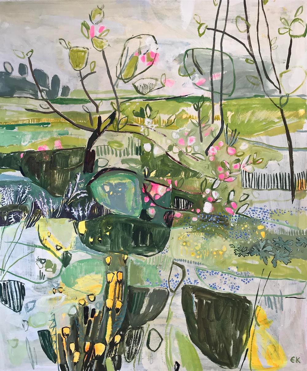 Elaine Kazimierczuk Abstract Painting - Apple Blossom at Botley Road Allotments, Oxford II, abstract painting landscape