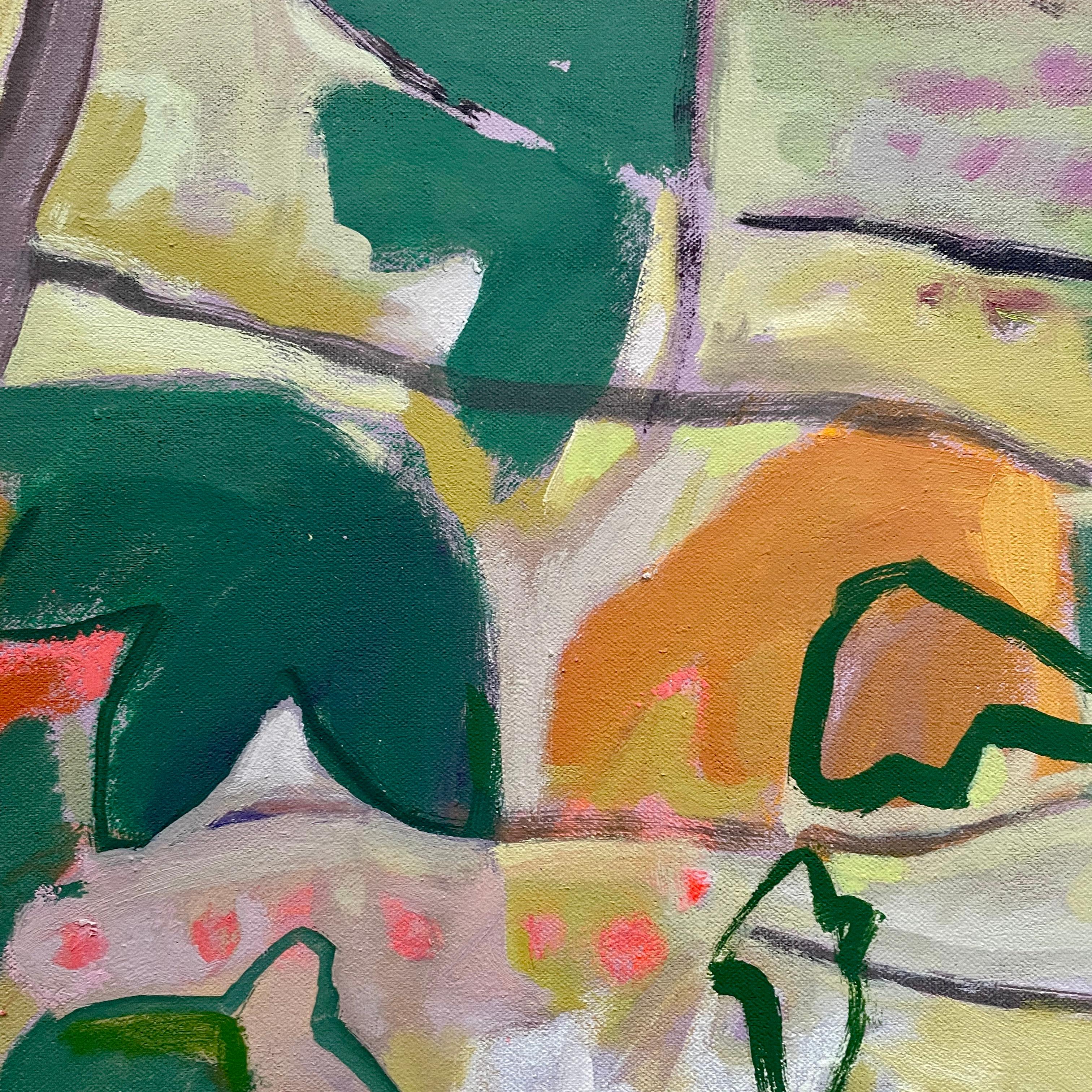 Wood Wood sur fond jaune, peinture originale, contemporaine, paysage - Jaune Landscape Painting par Elaine Kazimierczuk