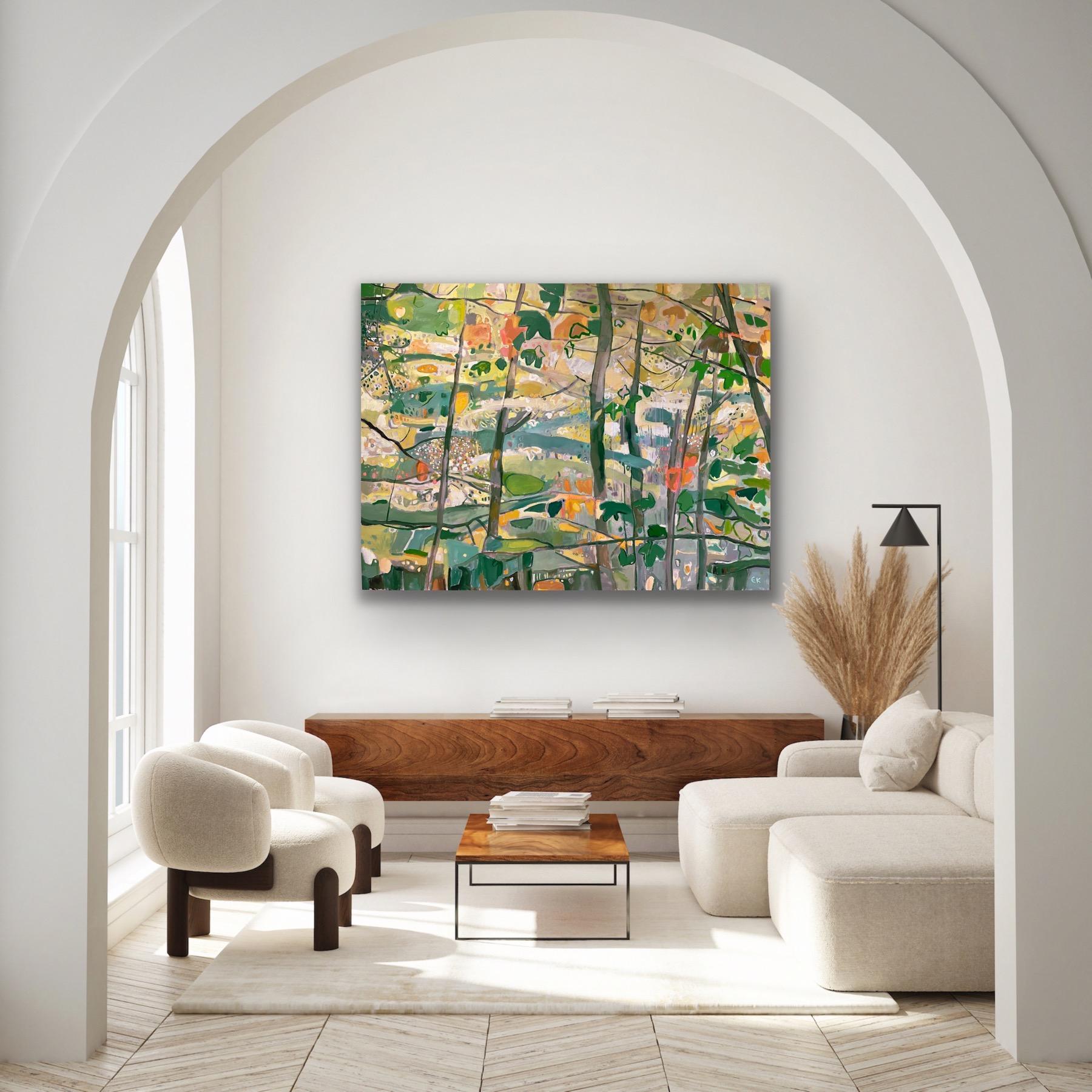 Wood Wood sur fond jaune, peinture originale, contemporaine, paysage 3