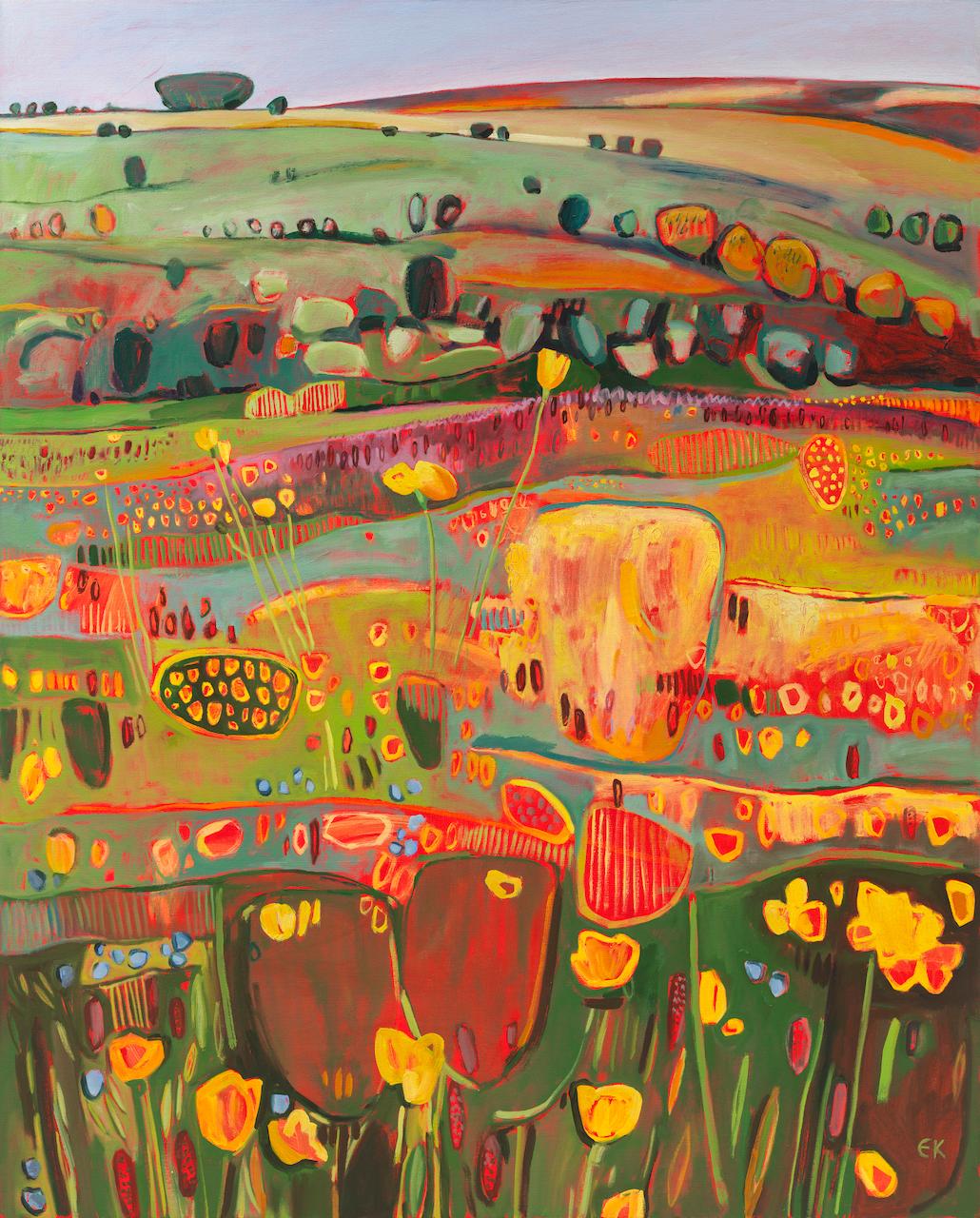 Elaine Kazimierczuk A glorious riot of colour! A meadow in full bloom – buttercups and speedwells, with rolling hills in the background. this is a semi-abstract interpretation of the sheer beauty of the English landscape. It’s big and bright and