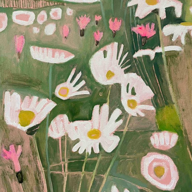 Die Farben dieses Werks sind von zartgrünen Wiesengräsern inspiriert, mit weißen Margeriten in Hülle und Fülle sowie den hübschen Rosatönen anderer einheimischer Wildblumen auf dieser Wiese. Es handelt sich um eine Interpretation einer Wiese auf der