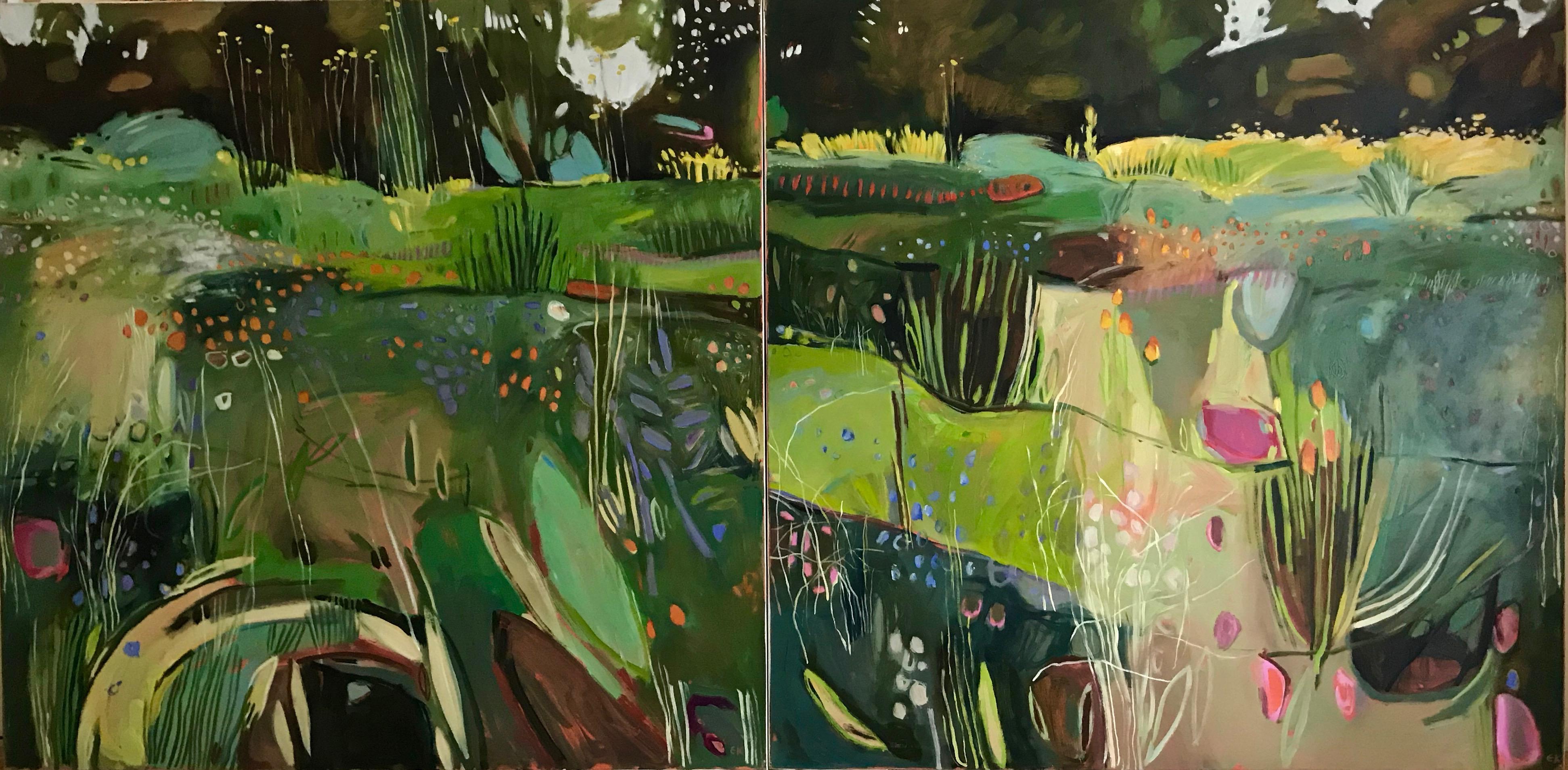 Elaine Kazimierczuk Abstract Painting - Diptych: Merton Borders at the Oxford Botanic Gardens, large abstract painting