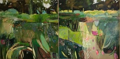 Diptych: Merton Borders at the Oxford Botanic Gardens, large abstract painting