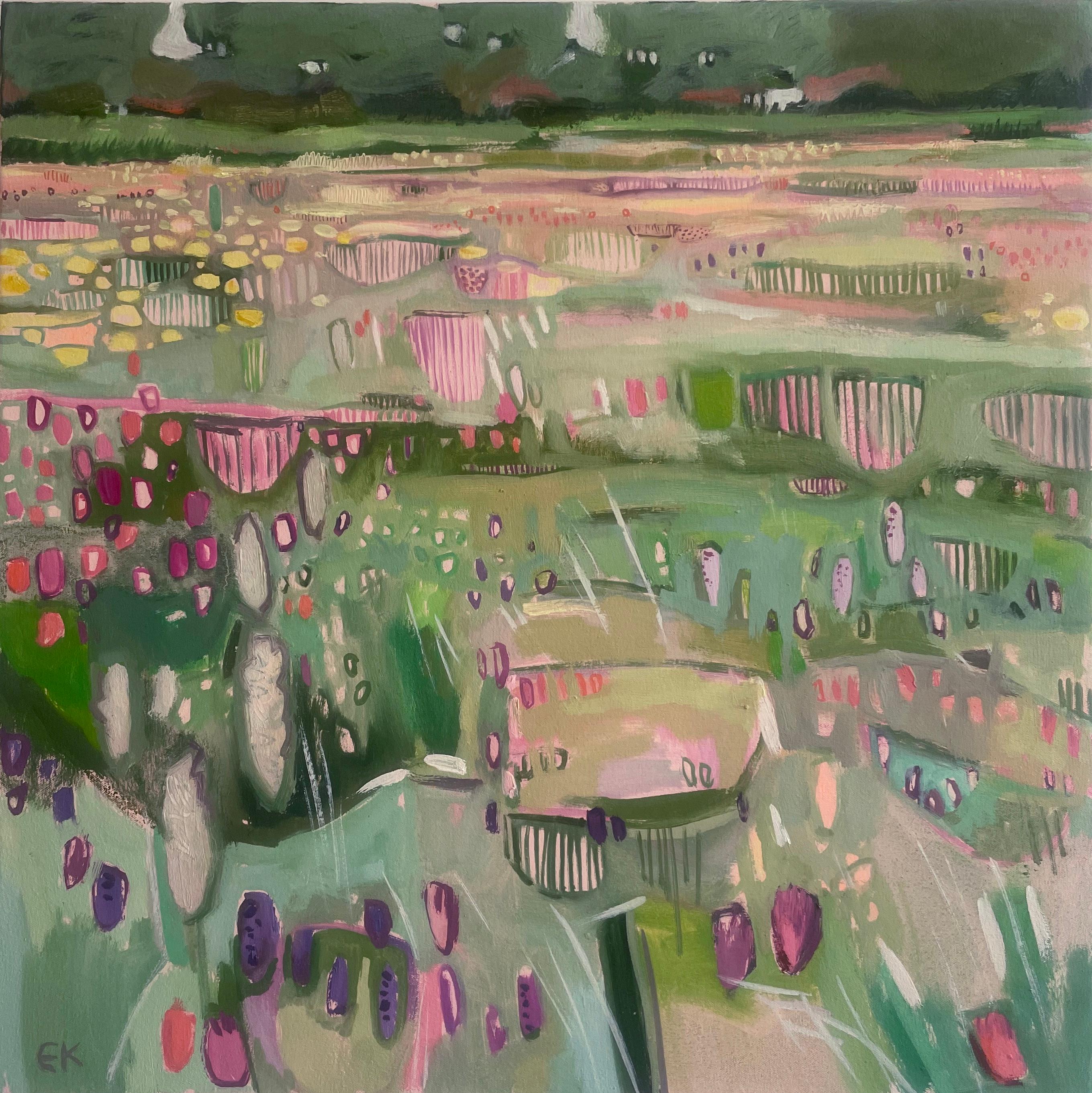 Dittico Prato di Donna con orchidee viola, Nature, Floreale, Prati, Campo - Painting Contemporaneo di Elaine Kazimierczuk