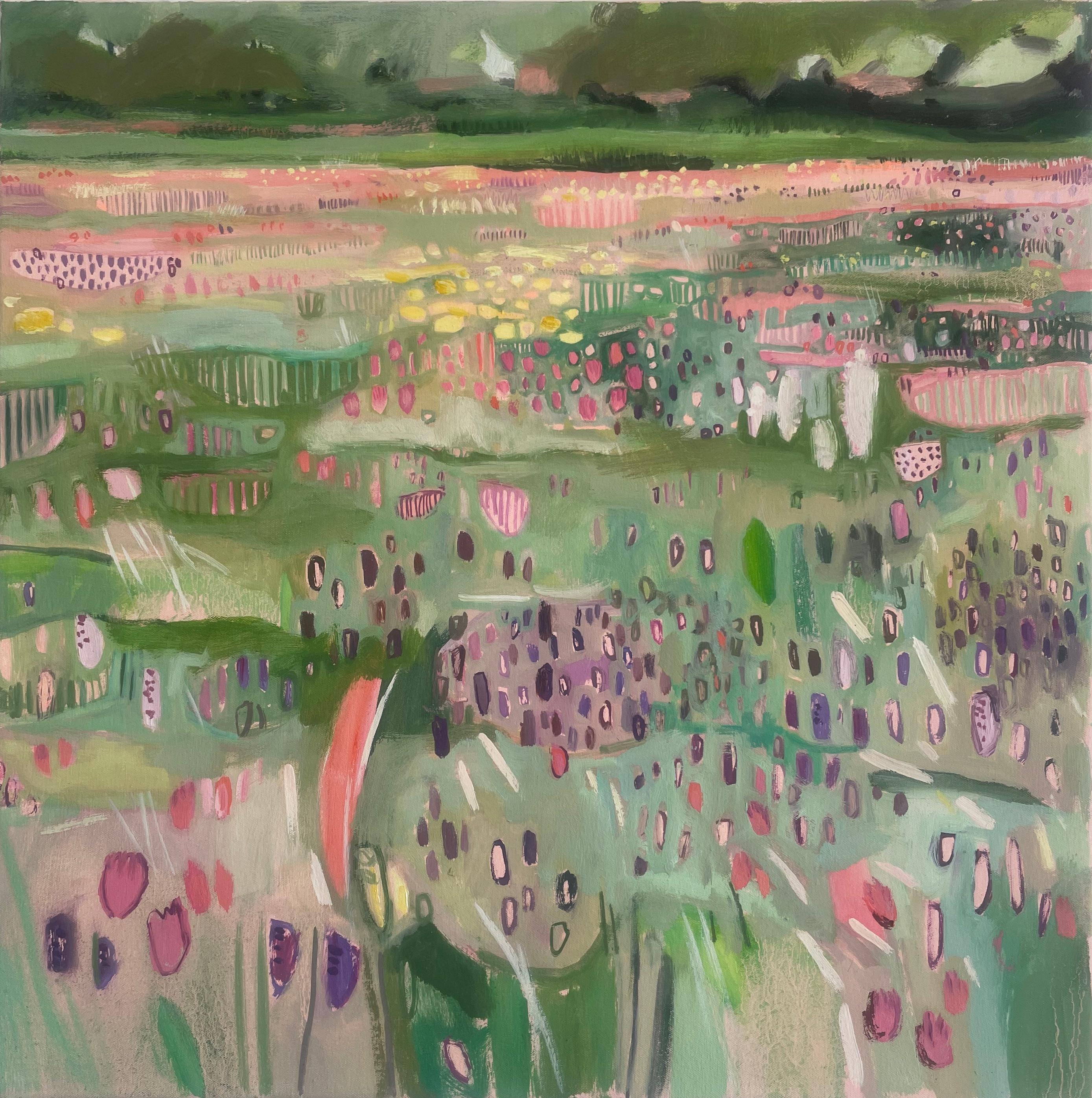 Dittico Prato di Donna con orchidee viola, Nature, Floreale, Prati, Campo - Abstract Painting Grigio di Elaine Kazimierczuk