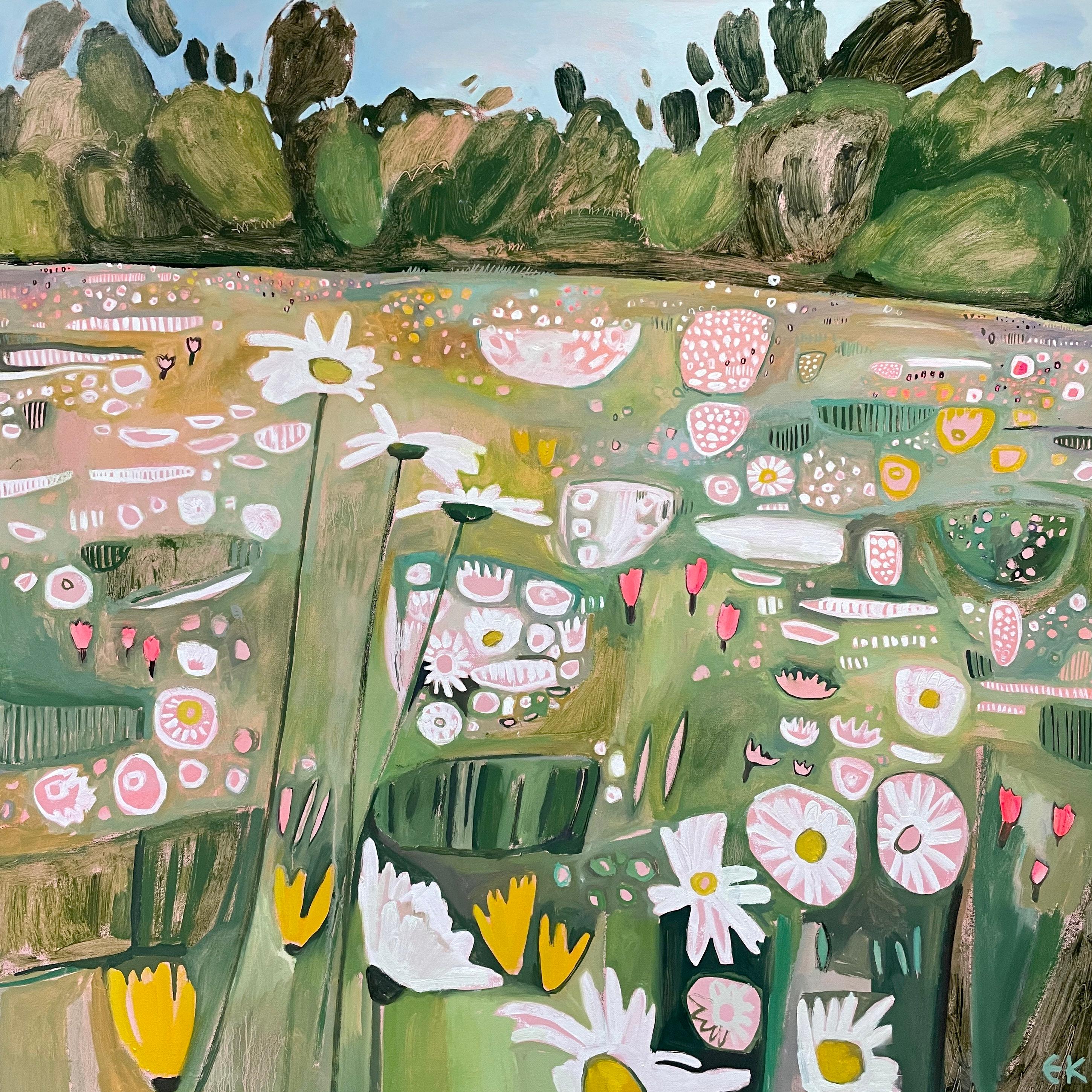 Double Diptyque de marguerites, Peinture originale, Paysage, Nature, Fleurs - Marron Landscape Painting par Elaine Kazimierczuk