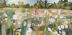 Doppeltes Gänseblümchen-Diptychon, Originalgemälde, Landschaft, Natur, Blumen