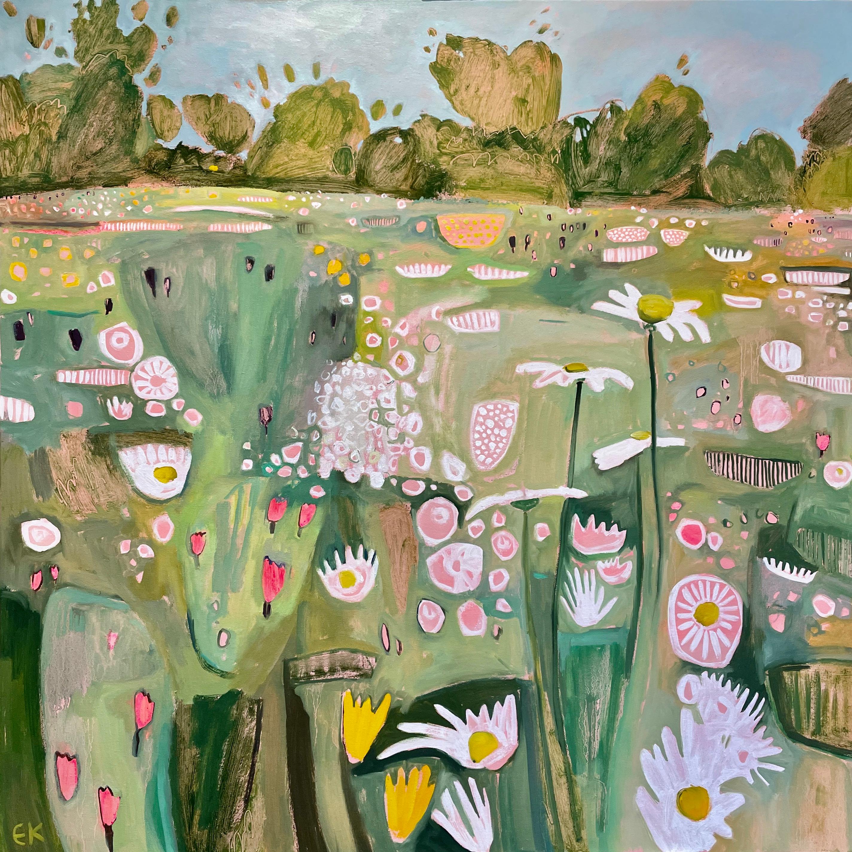 Double Diptych right hand panel, Original Painting, Landscape, Nature, Flowers - Brown Landscape Painting by Elaine Kazimierczuk