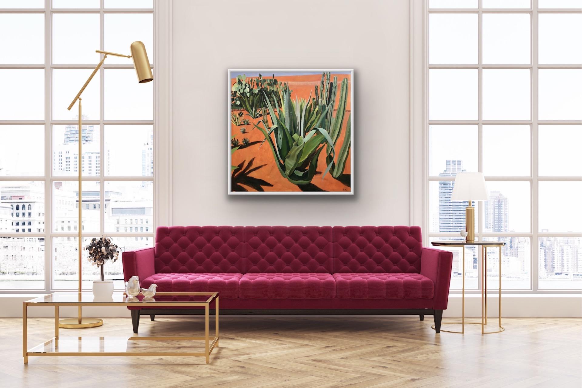 Cacti mit Schatten, Musee de la Palmeraie, Marokko, Wüstenkunst, Pflanzen, Kakteen – Painting von Elaine Kazimierczuk