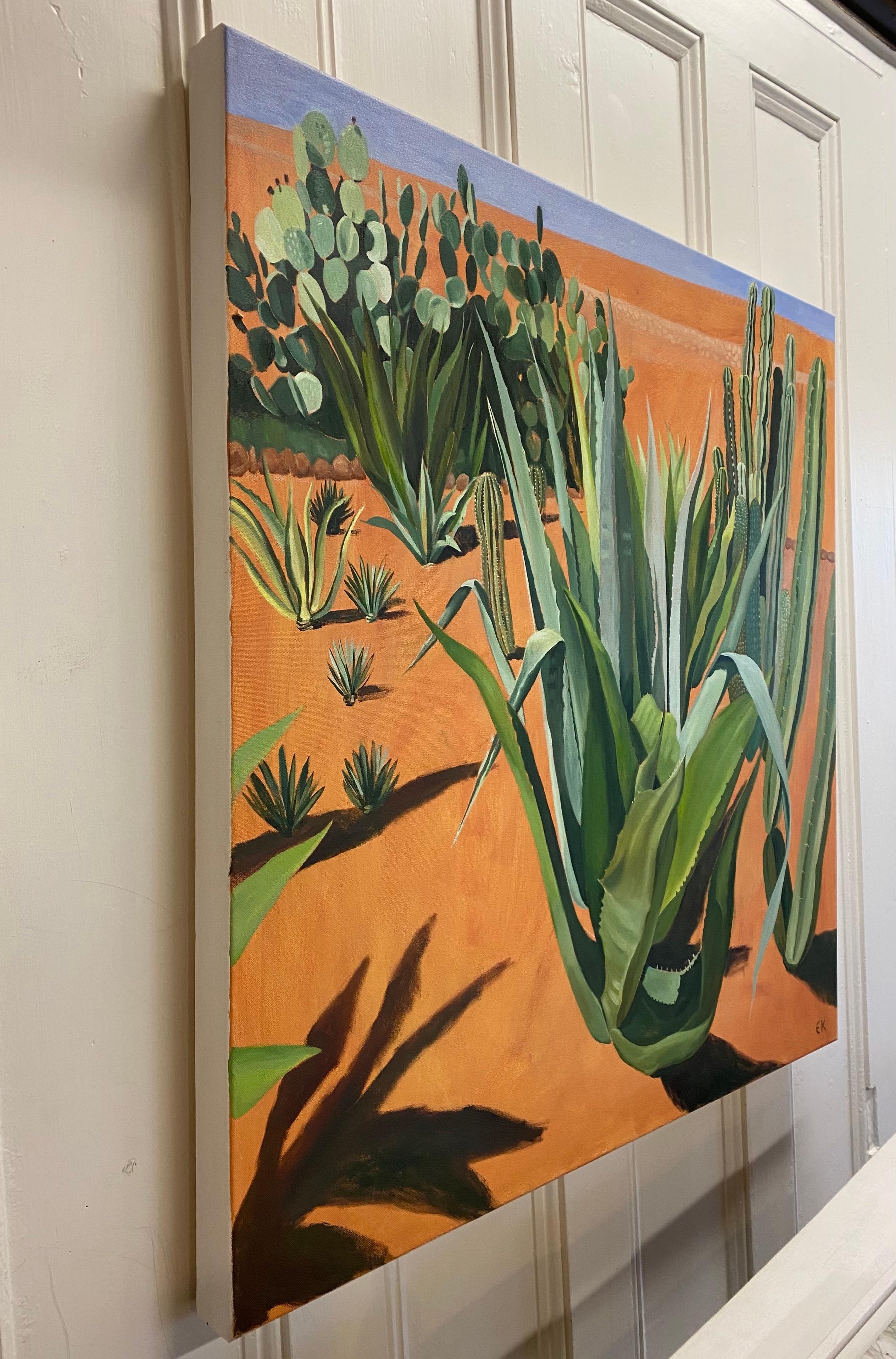 Cacti mit Schatten, Musee de la Palmeraie, Marokko, Wüstenkunst, Pflanzen, Kakteen (Zeitgenössisch), Painting, von Elaine Kazimierczuk