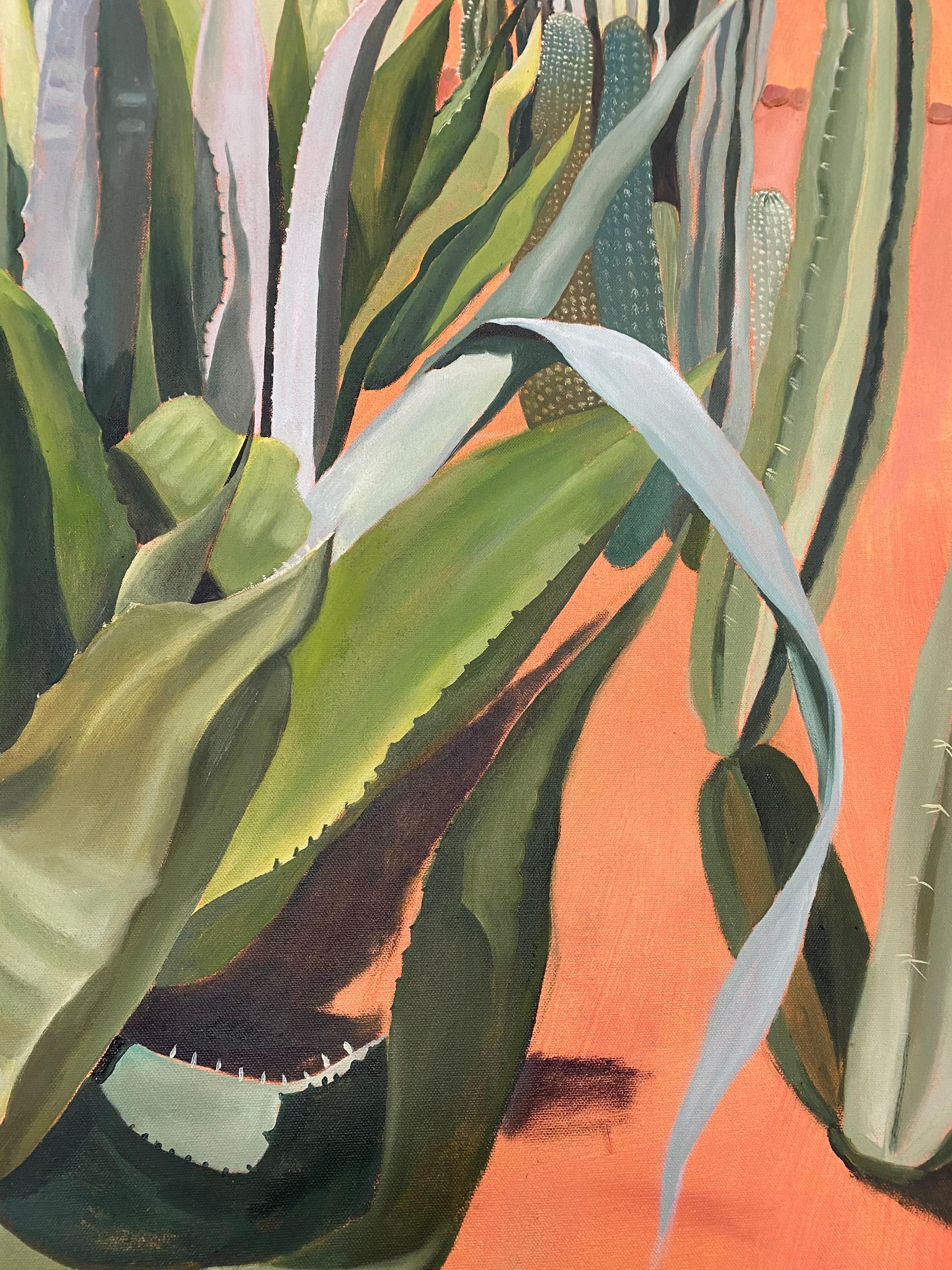 Cacti with Shadows, Musee de la Palmeraie, Morocco, Desert art, Plants, Cactus - Contemporary Painting by Elaine Kazimierczuk