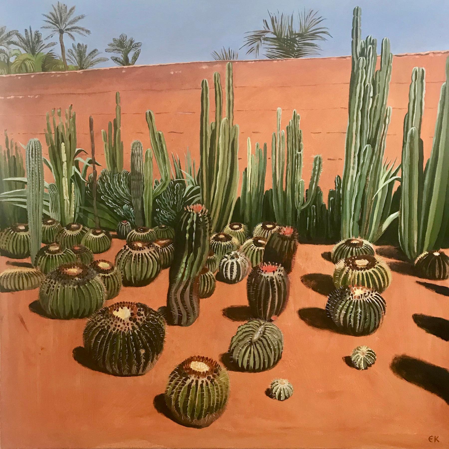 Elaine Kazimierczuk Landscape Painting - Cactus Madness, Musee de la Palmeraie, Morocco, Original painting, Desert art