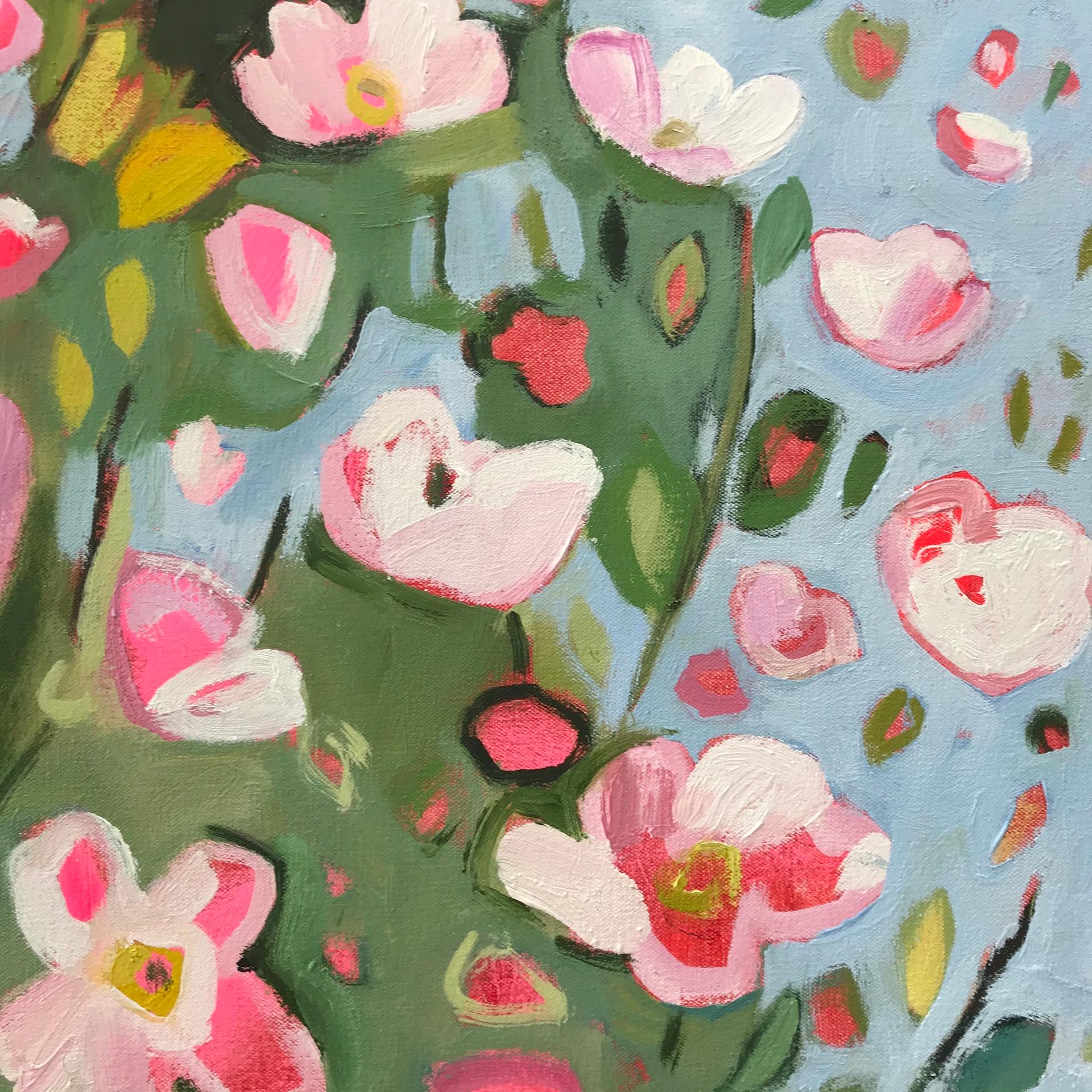 Elaine Kazimierczuk' Catching the Sunshine, Hedgerow with Dog Roses'. Il s'agit d'un paysage semi-abstrait d'une haie dans la campagne profonde de l'Oxfordshire par une chaude journée ensoleillée. Le soleil, en pénétrant dans le feuillage sombre,