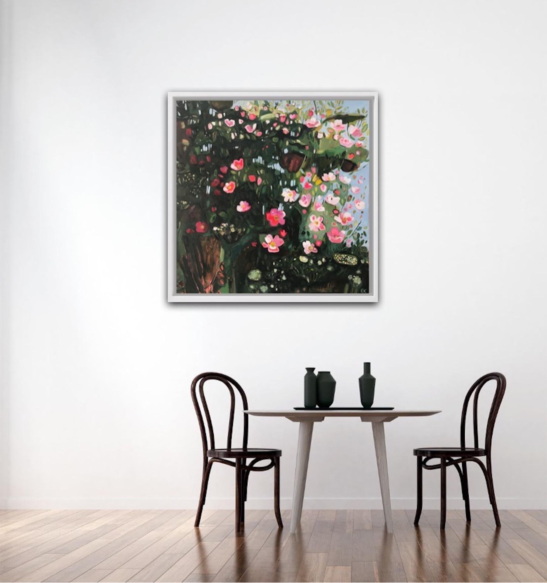 Catching the Sunshine, Hedgerow with Dog Rose, Original painting, Floral Art - Black Landscape Painting by Elaine Kazimierczuk