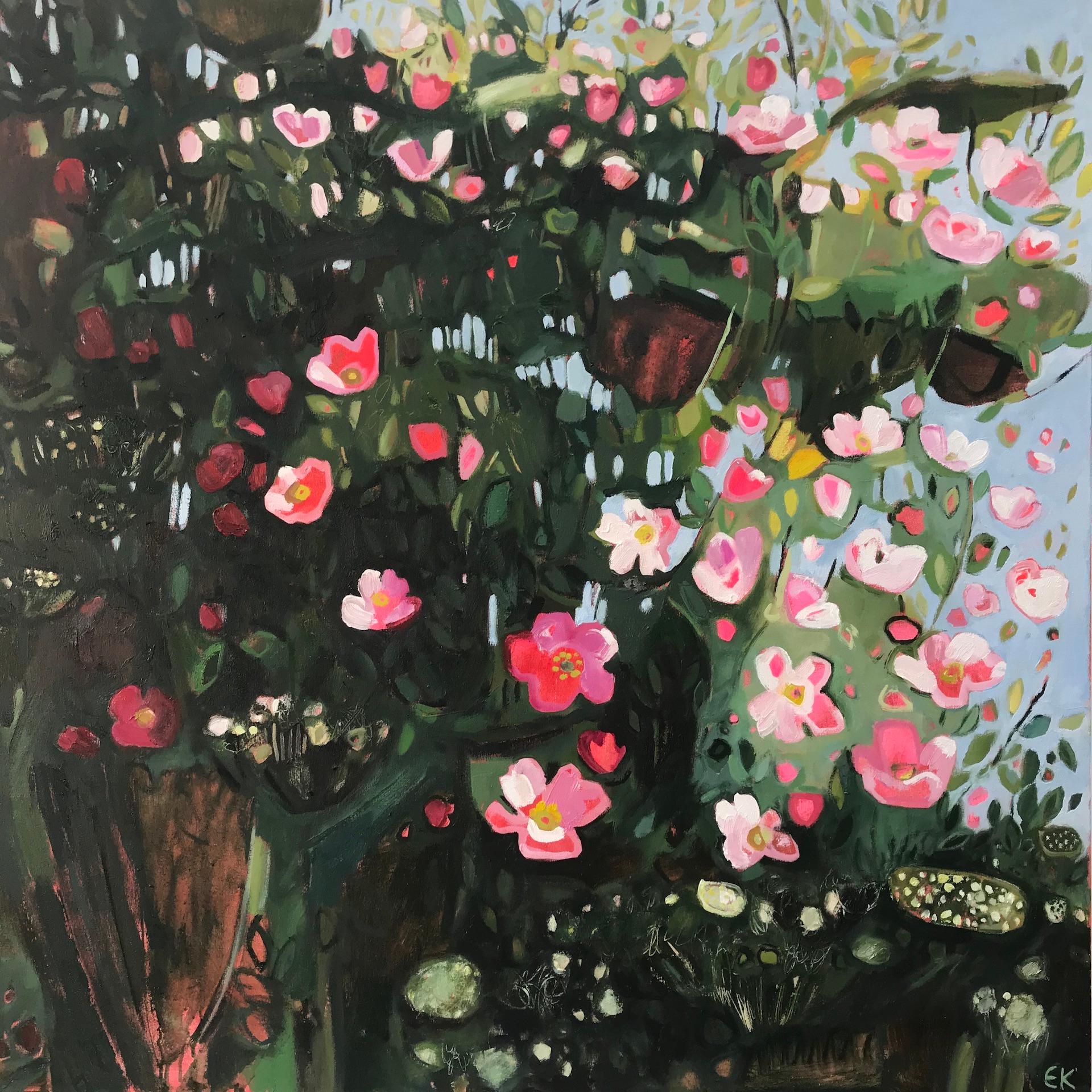 Elaine Kazimierczuk Landscape Painting - Catching the Sunshine, Hedgerow with Dog Rose, Original painting, Floral Art