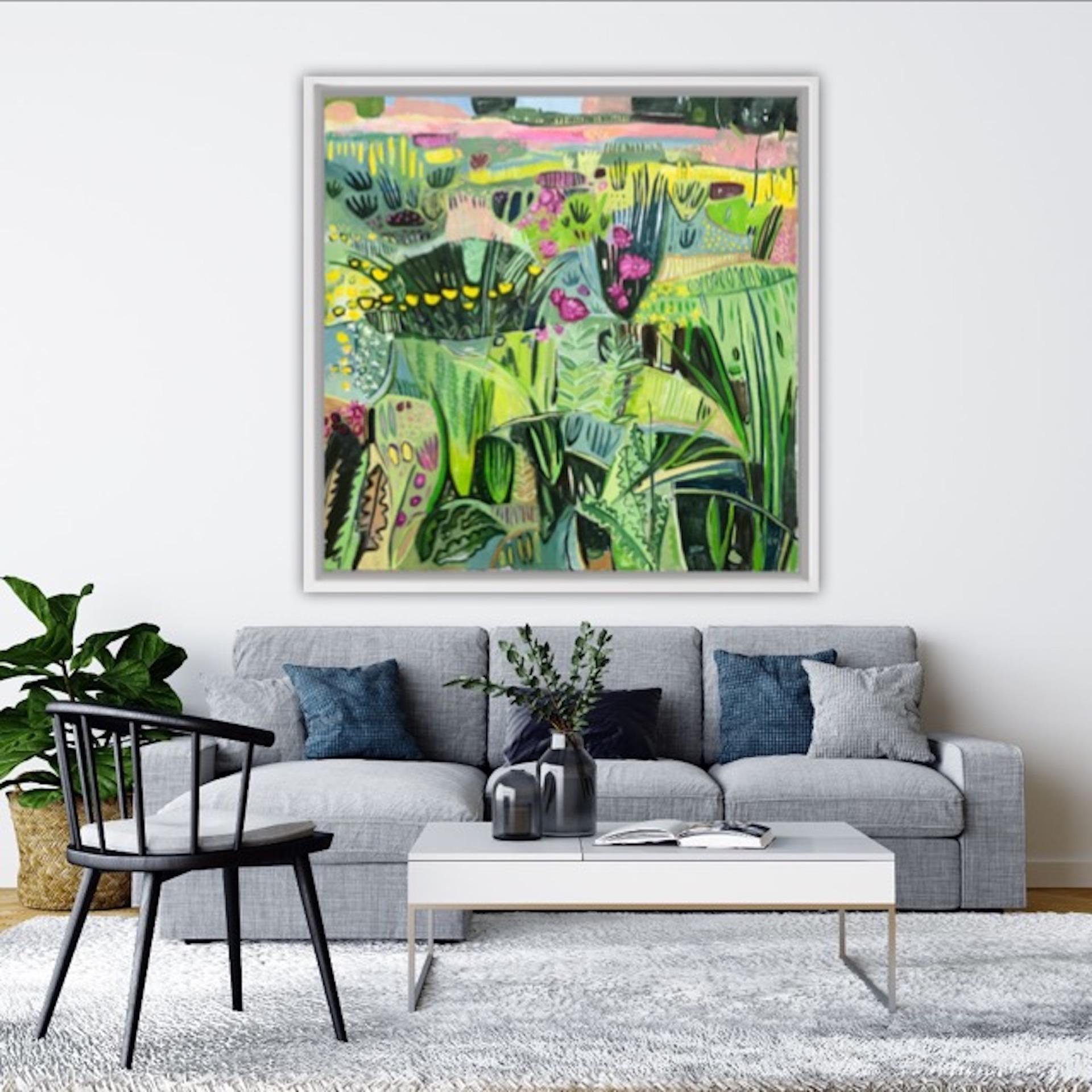 Eremurus (Pink Merton Beds), Naive Painting, Bright Art, Contemporary Landscape - Gray Abstract Painting by Elaine Kazimierczuk