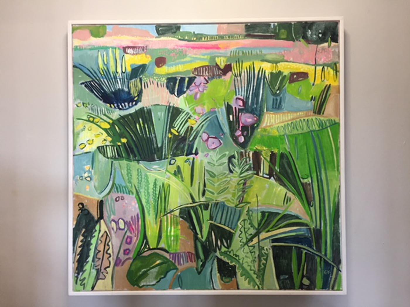 Eremurus (Pink Merton Beds) by the artist Elaine Kazimierczuk.
An original oil painting on a canvas.
Size : H 76 cm x W 76 cm
Signed in the bottom left hand corner. 

A free interpretation of the banks of pink Eremurus flowers in the Merton Beds at