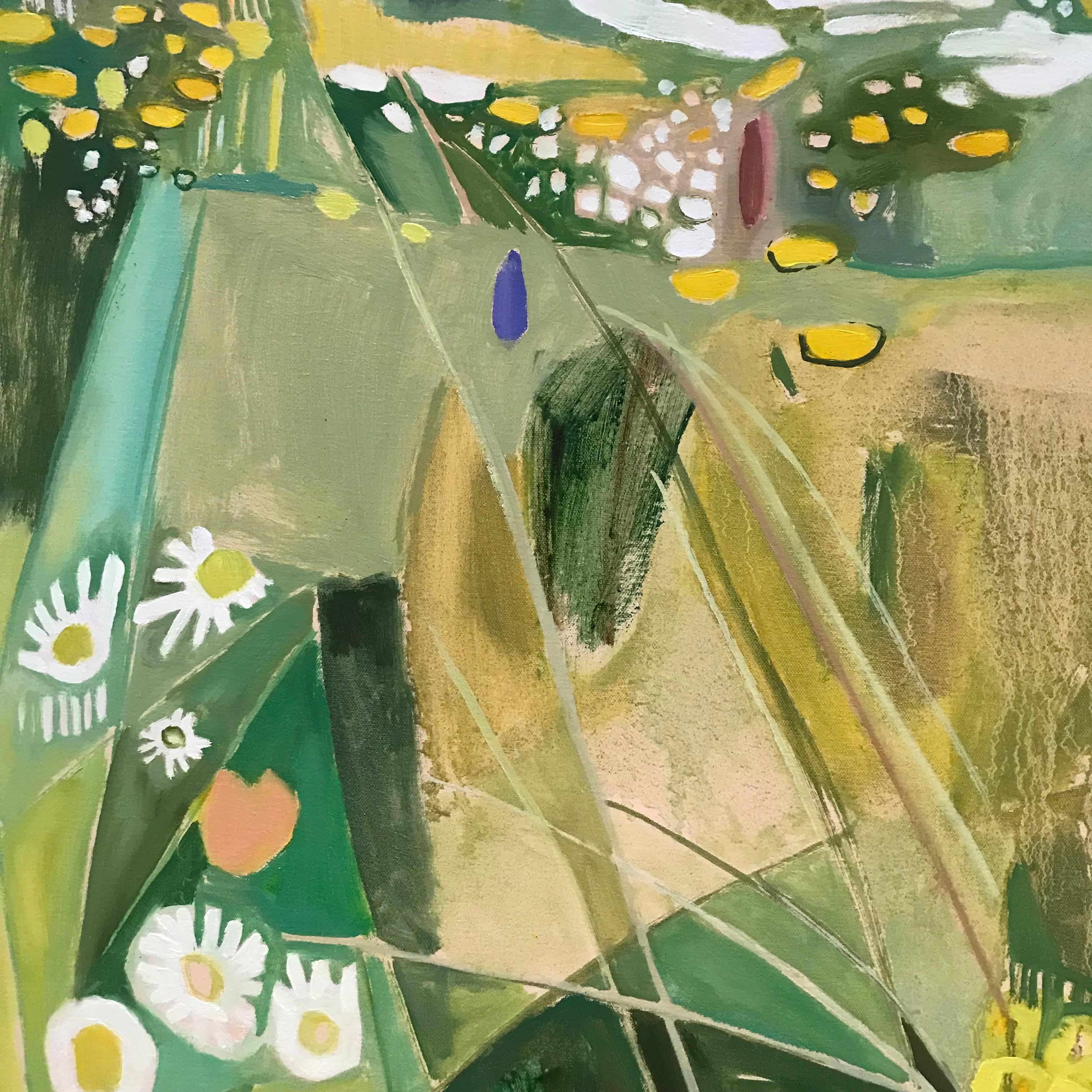 Giardino con margherite dall'occhio di bue e St. James, paesaggio, floreale, prati - Landscape Painting Grigio di Elaine Kazimierczuk