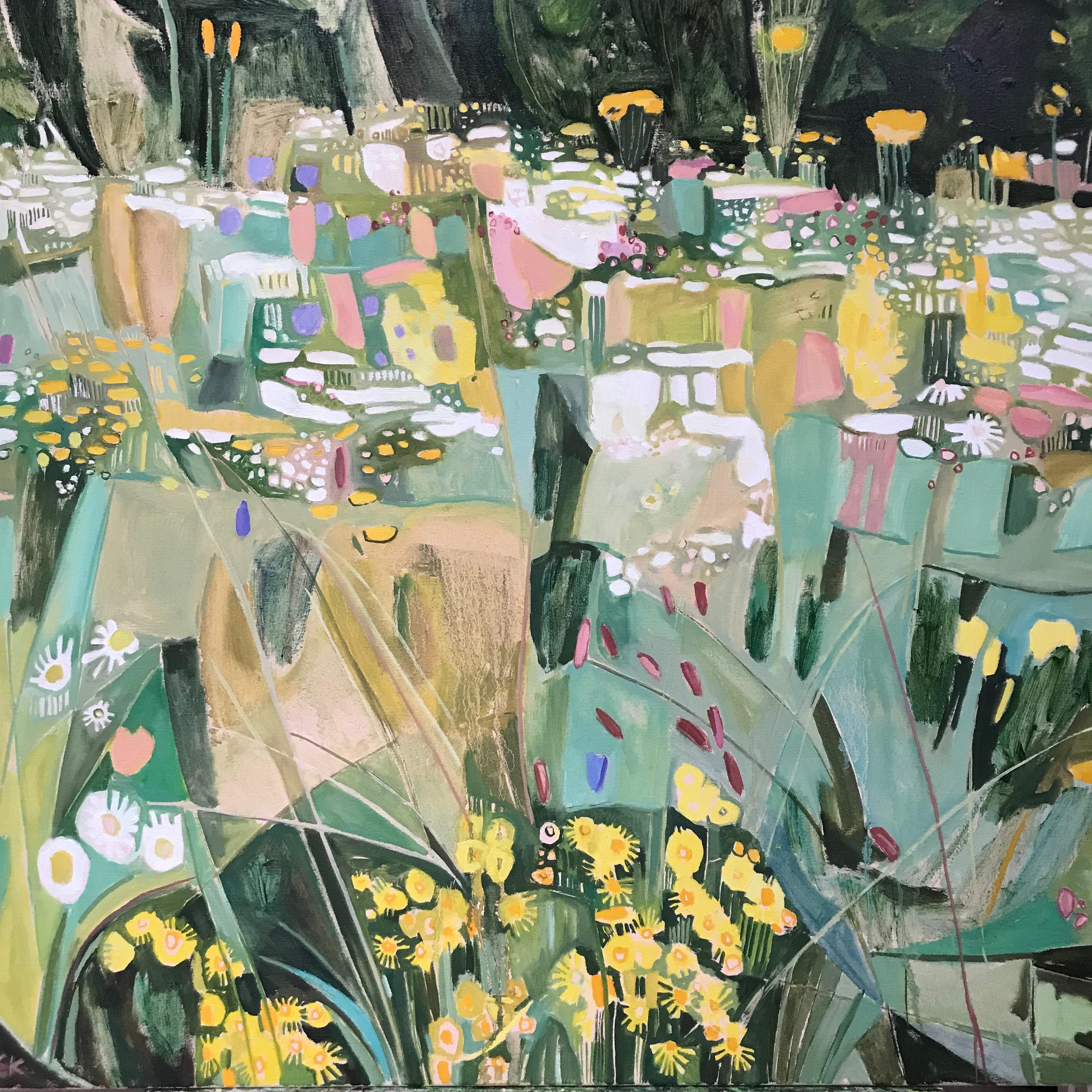 Elaine Kazimierczuk Abstract Painting - Garden with Ox-Eye Daisies and St James-wort, landscape, floral, meadows