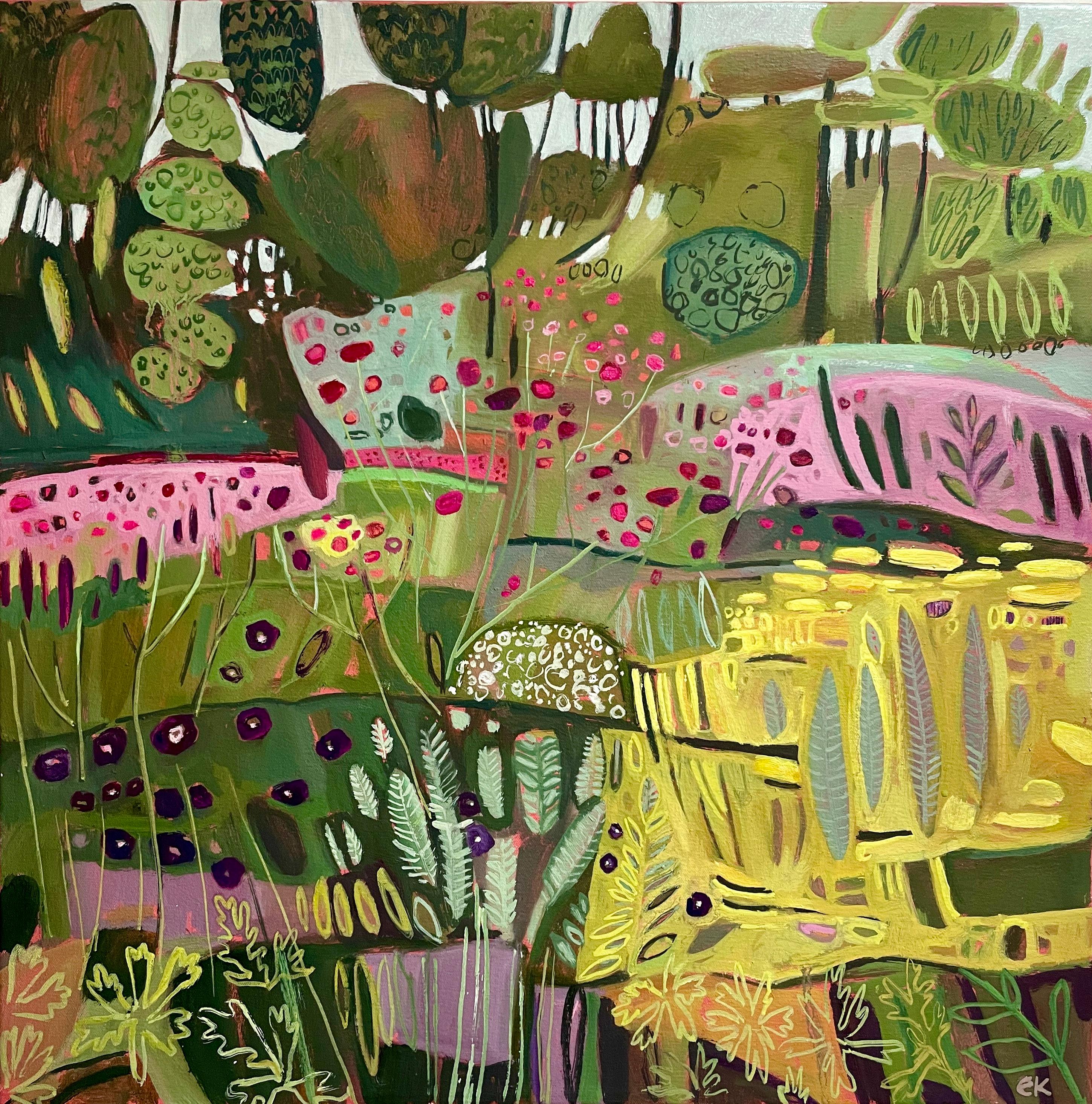 S'amuser dans le jardin, peinture originale, paysage, nature, fleurs - Painting de Elaine Kazimierczuk