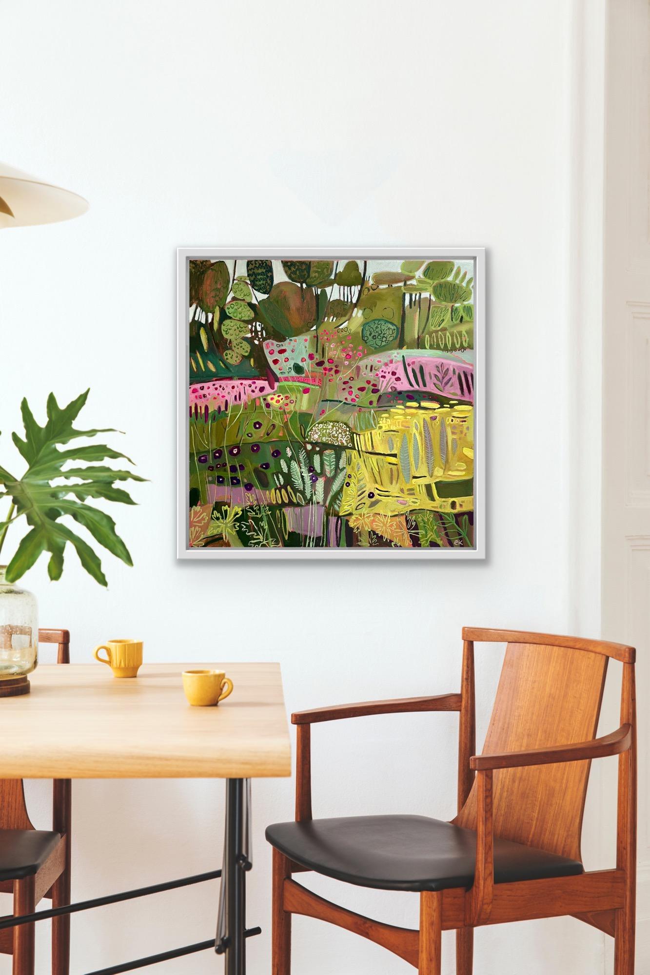 S'amuser dans le jardin, peinture originale, paysage, nature, fleurs - Marron Landscape Painting par Elaine Kazimierczuk