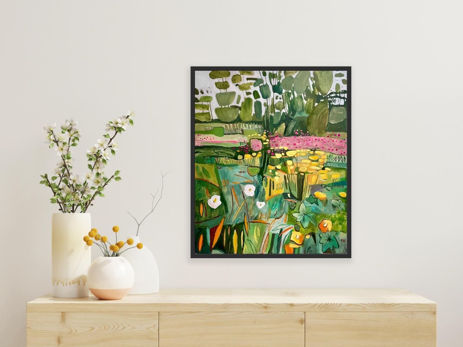 Having More Fun in the Garden, Original Painting, Landscape, Nature, Flowers - Brown Landscape Painting by Elaine Kazimierczuk