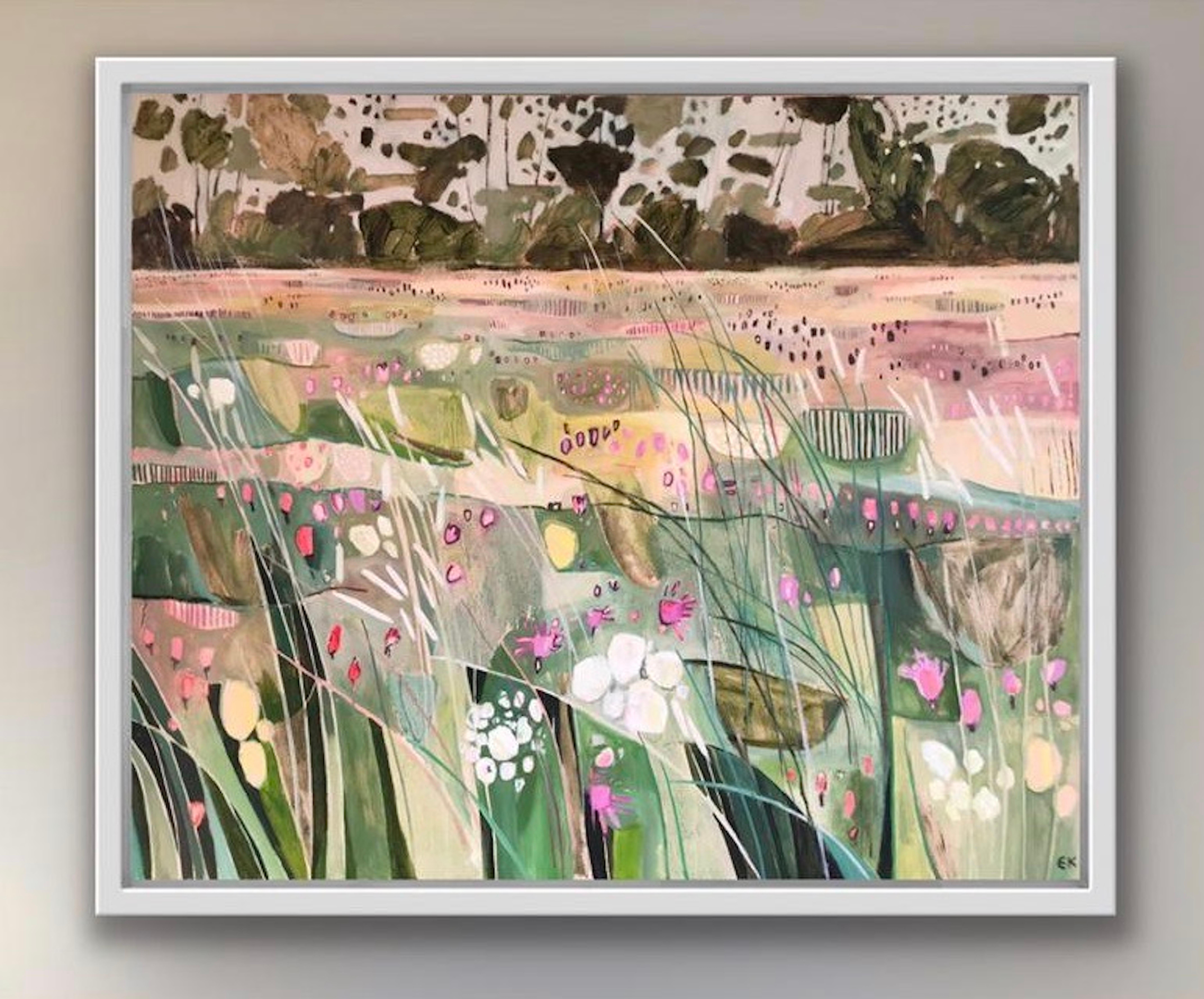 Hinksey-Mauer mit hohen Gras, Landschaft, Blumen, Oxford, Cotswolds, Wiesen – Painting von Elaine Kazimierczuk