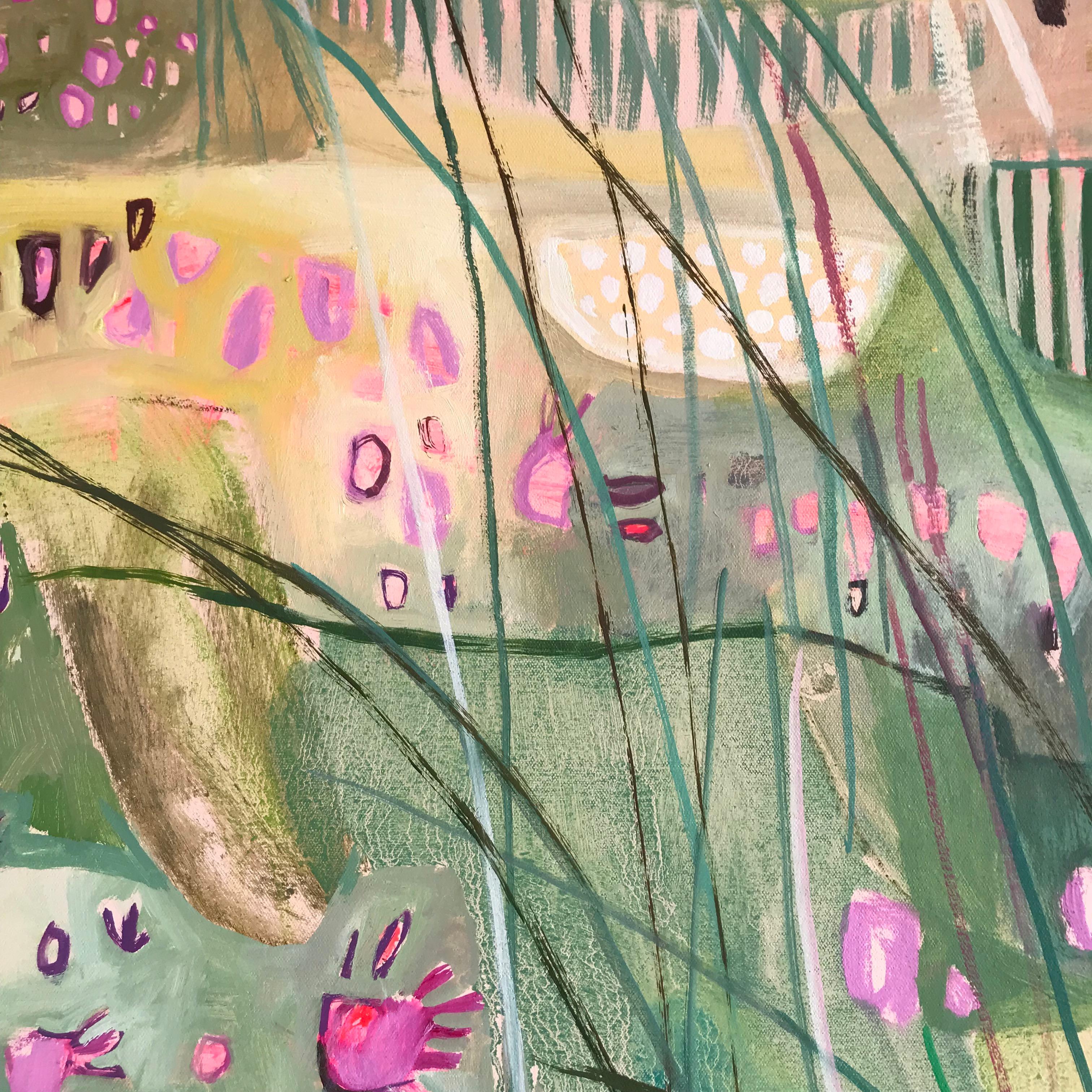 Hinksey-Mauer mit hohen Gras, Landschaft, Blumen, Oxford, Cotswolds, Wiesen (Braun), Abstract Painting, von Elaine Kazimierczuk