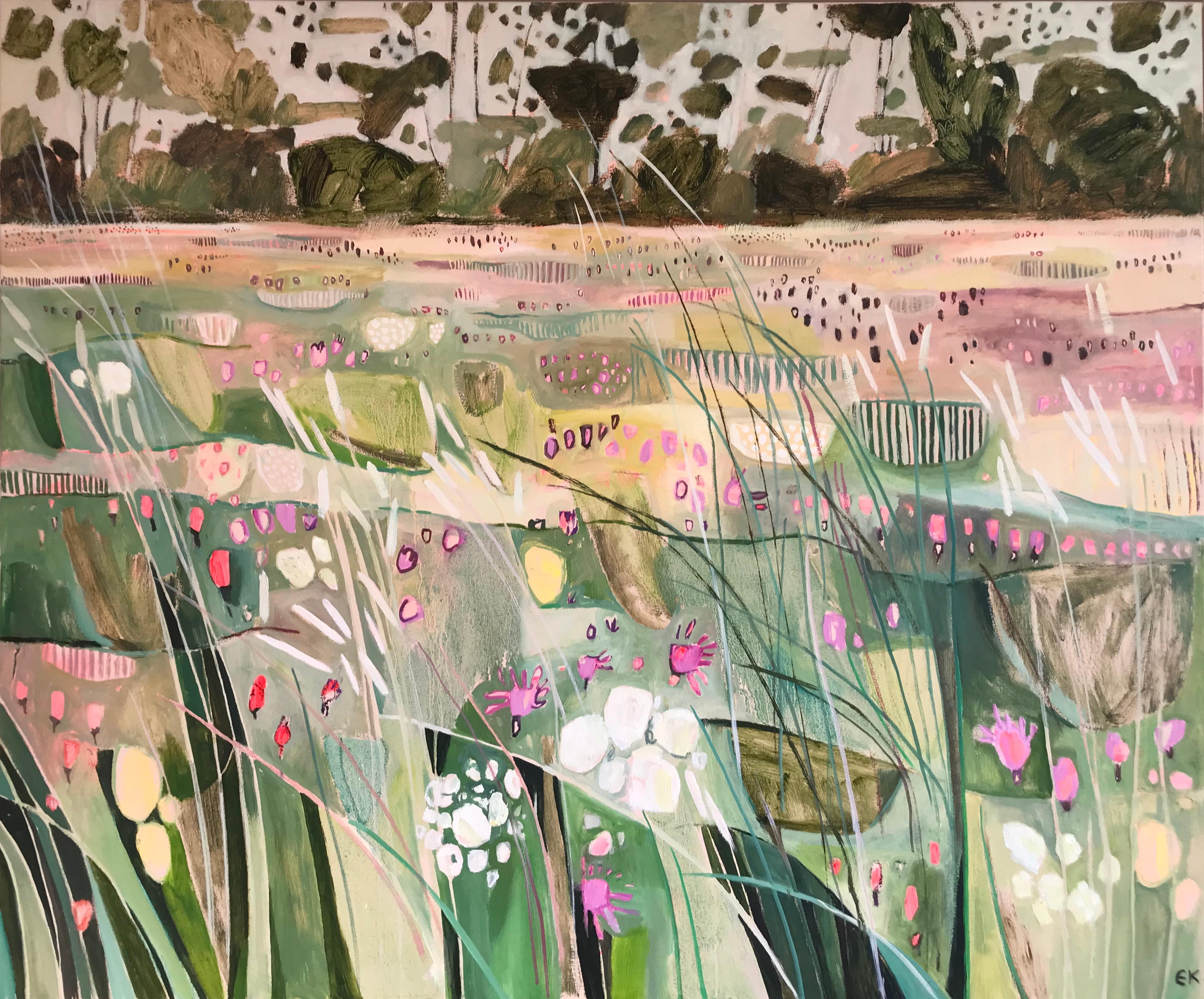 Abstract Painting Elaine Kazimierczuk - La prairie de Hinksey avec grands gazons, paysage, fleurs, Oxford, cotswolds, prairies