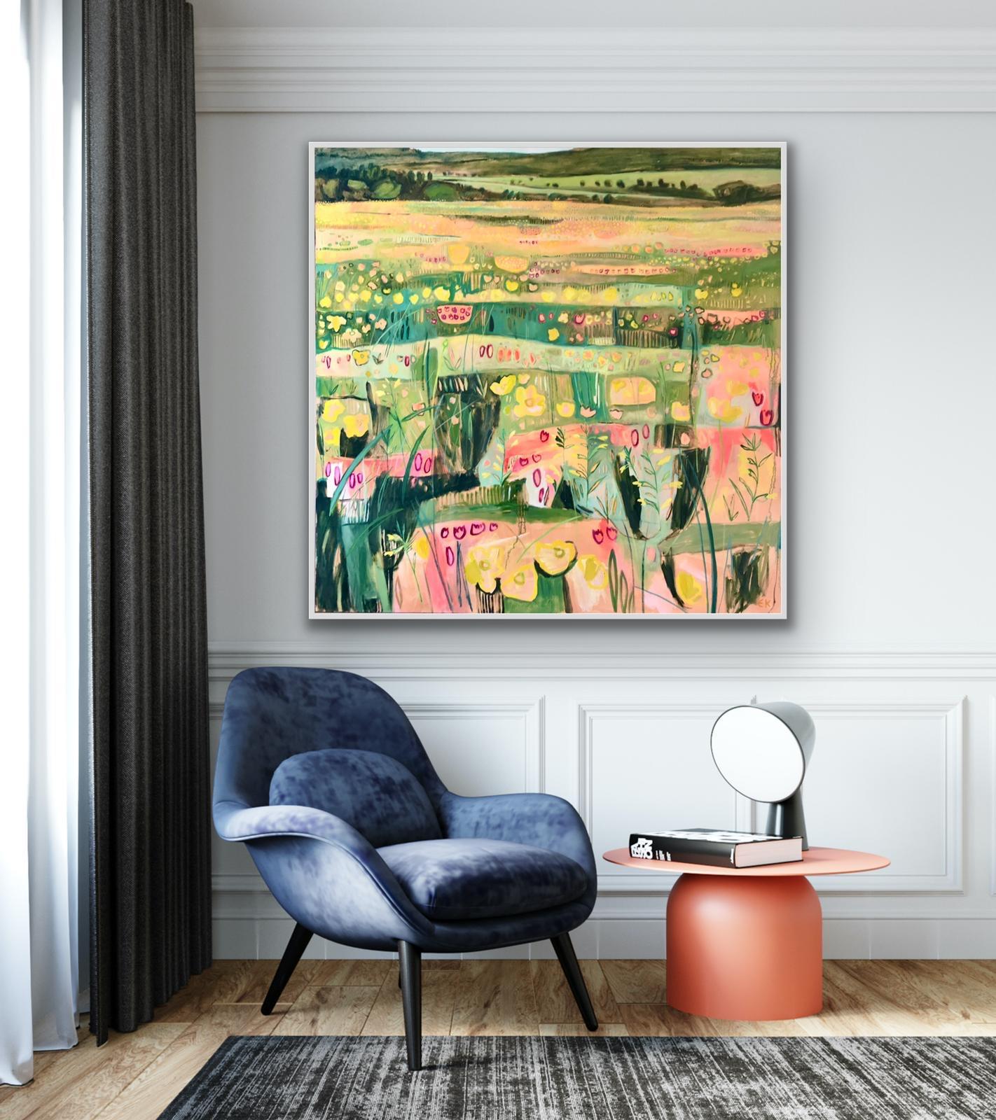 Joan's Hill Farm III, Original painting, Framed Abstract Landscape, Floral field For Sale 5