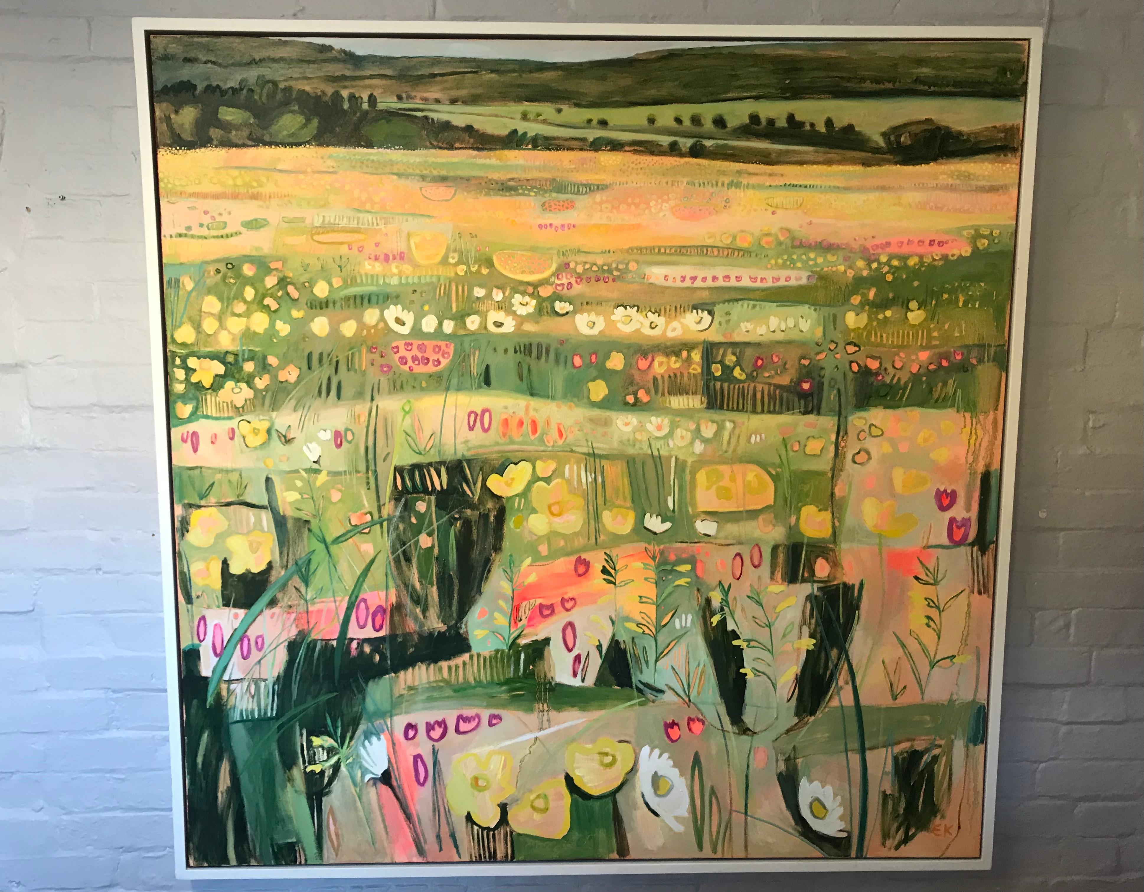 Joan's Hill Farm III, Original painting, Framed Abstract Landscape, Floral field - Abstract Expressionist Painting by Elaine Kazimierczuk
