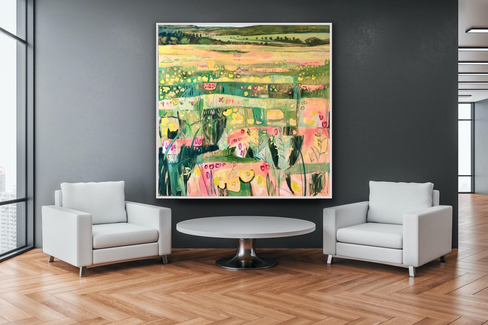 Joan's Hill Farm III, Original painting, Framed Abstract Landscape, Floral field For Sale 4