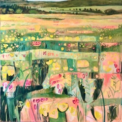 Joan's Hill Farm III, Original painting, Framed Abstract Landscape, Floral field