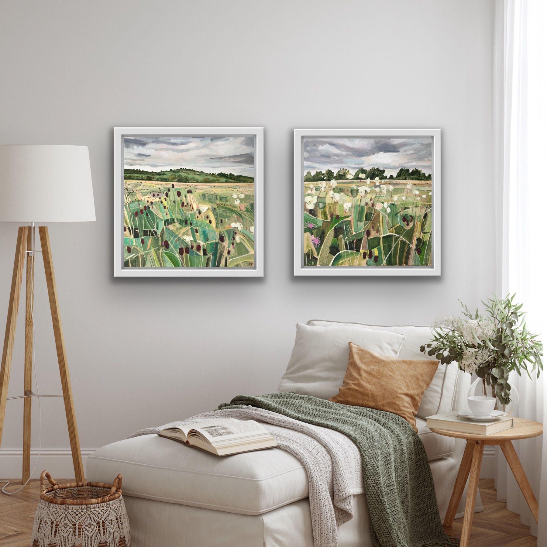 Long Mead diptych, original painting, landscape, flowers, trees, hills, meadow - Gray Landscape Painting by Elaine Kazimierczuk