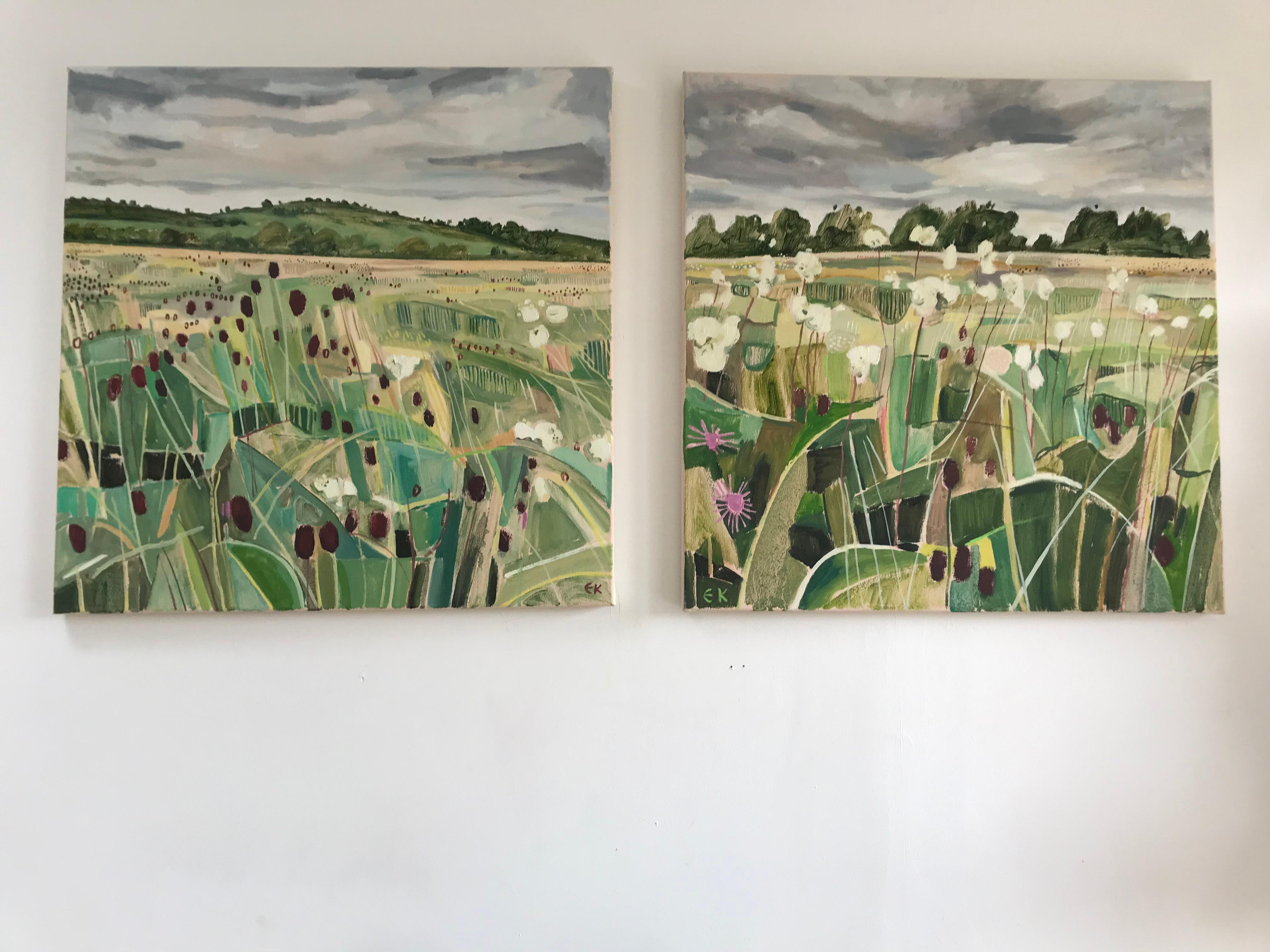 Elaine Kazimierczuk Landscape Painting - Long Mead diptych, original painting, landscape, flowers, trees, hills, meadow