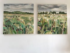 Long Mead diptych, original painting, landscape, flowers, trees, hills, meadow