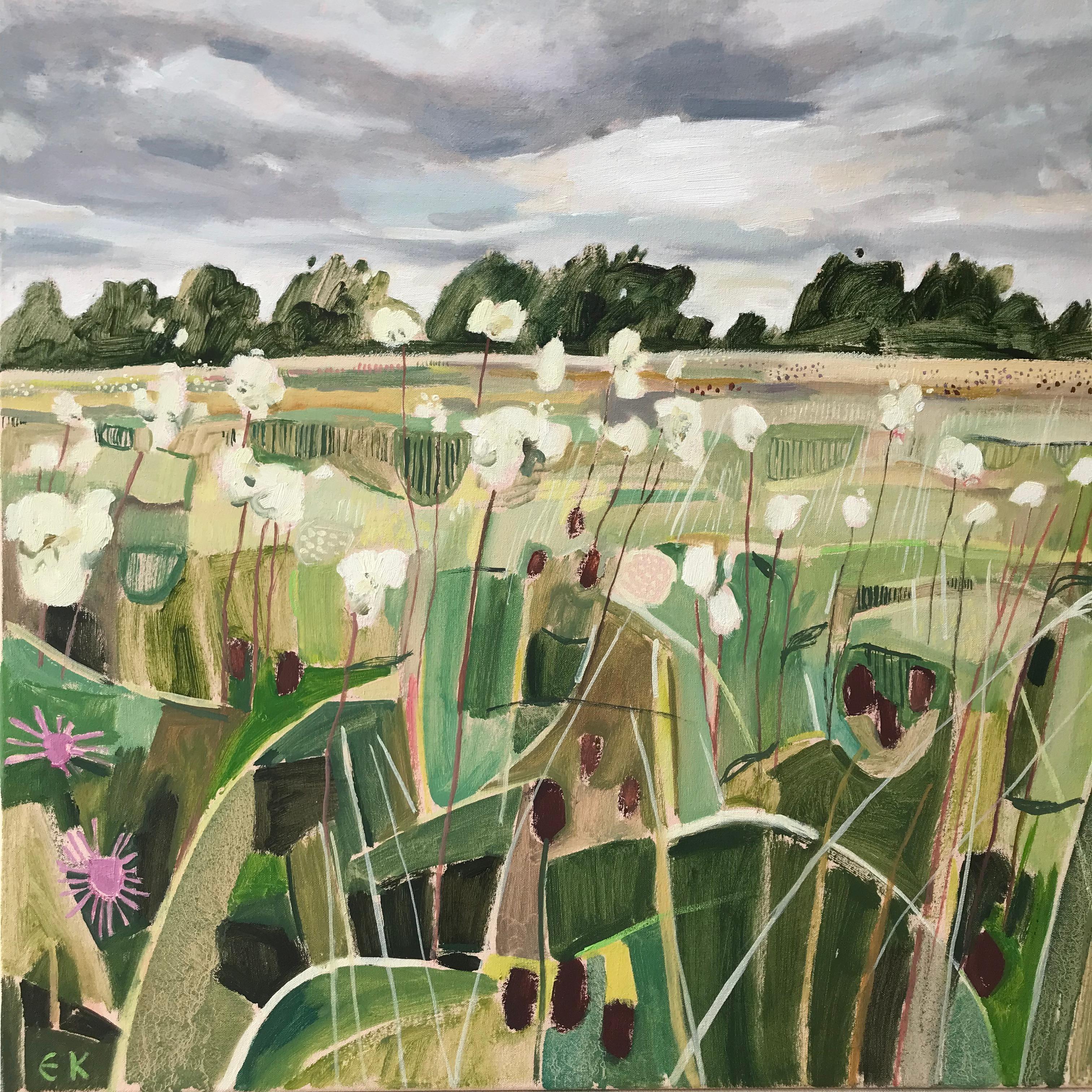 Long Meadow, peinture originale, paysage, art floral, impressionniste - Marron Abstract Painting par Elaine Kazimierczuk