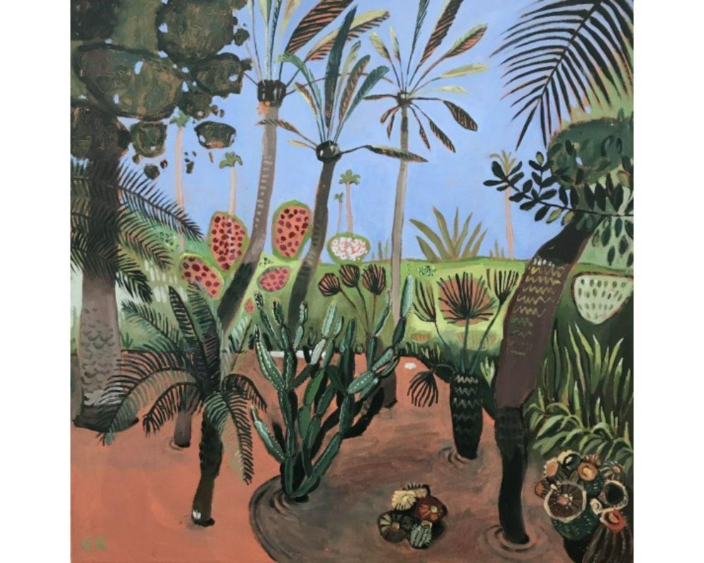 Majorelle Gardens with Palms By Elaine Kazimierczuk [2020]

A bright stylized representation of tall elegant palms and prickly cacti in the Majorelle Gardens, Morocco, one time home of Yves St Laurent. There is cool deep shade from the lush greenery