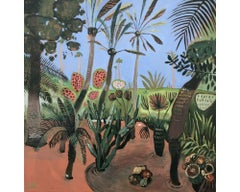 Jardines de Majorelle con palmeras en óleo sobre lienzo, pintura de Elaine Kazimierczuk