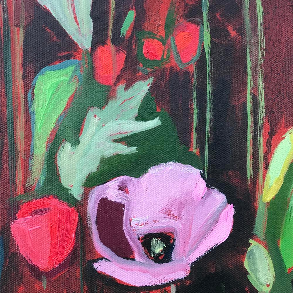 Opium Poppies Again, Oxford Botanic Gardens, abstract original painting flowers - Contemporary Painting by Elaine Kazimierczuk