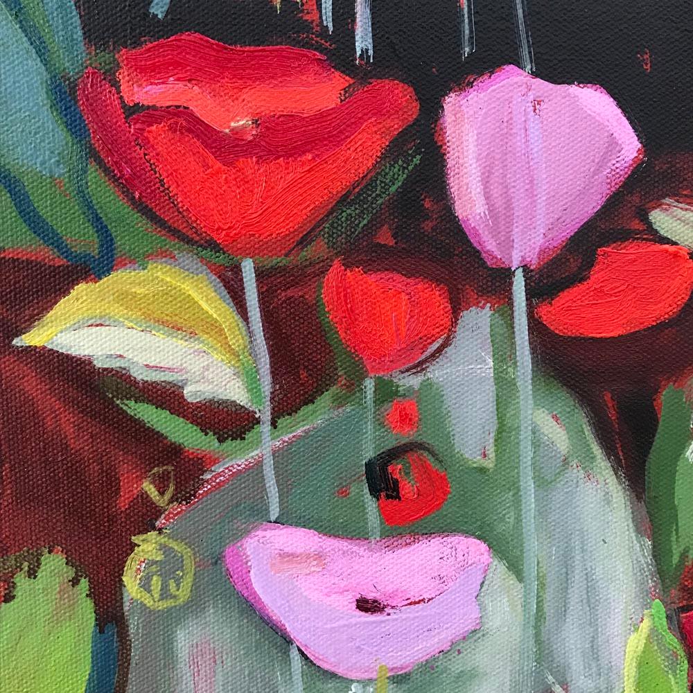 Opium Poppies Again, Oxford Botanic Gardens, abstract original painting flowers - Black Abstract Painting by Elaine Kazimierczuk