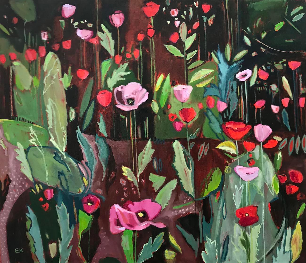 Elaine Kazimierczuk Abstract Painting - Opium Poppies Again, Oxford Botanic Gardens, abstract original painting flowers