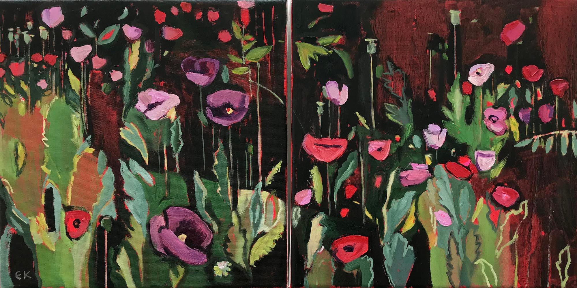 Opium Poppies at the Botanic Gardens II, Landscape painting, original art, small - Abstract Impressionist Painting by Elaine Kazimierczuk
