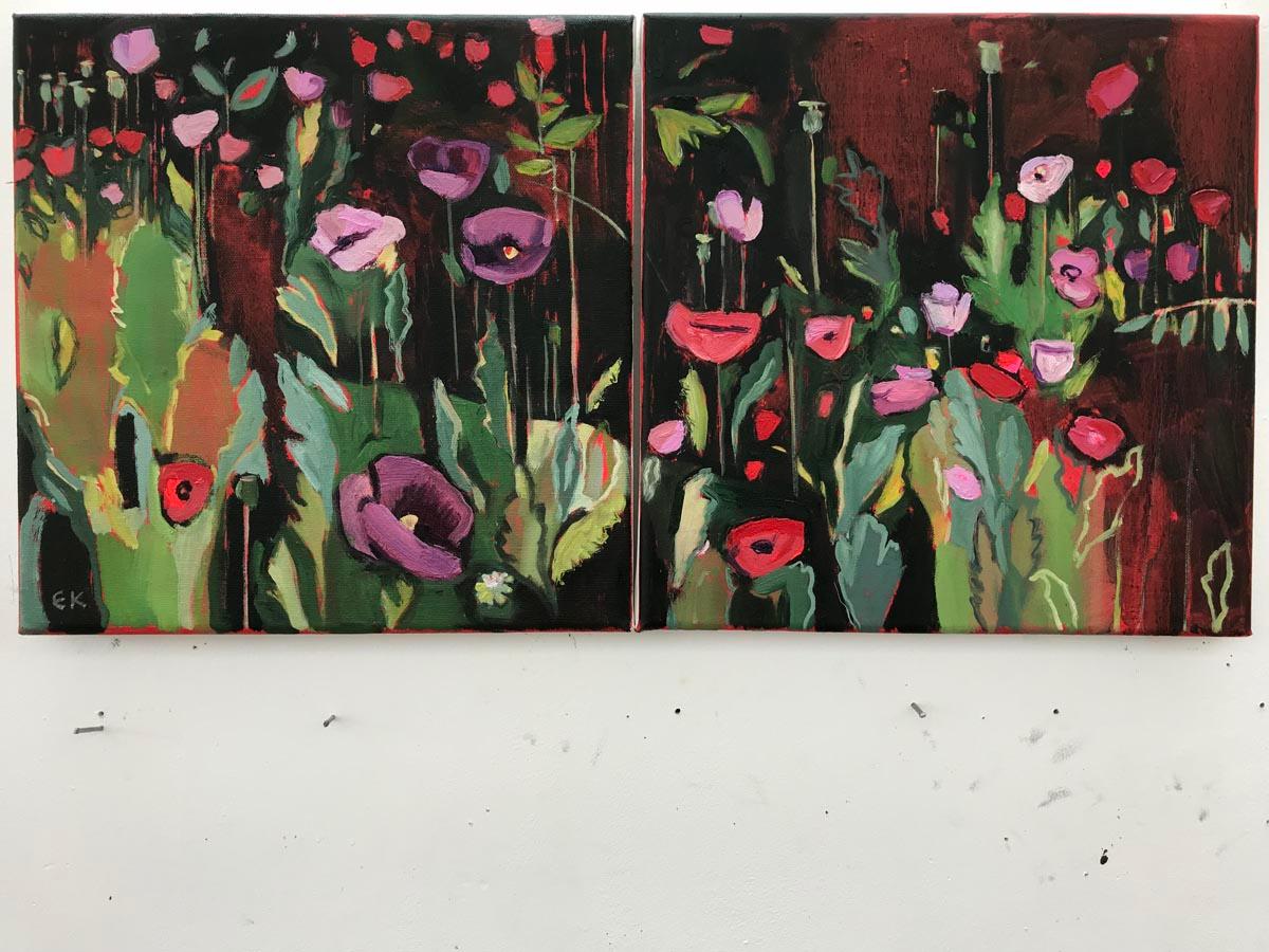 Opium Poppies at the Botanic Gardens II, Landscape painting, original art, small - Black Landscape Painting by Elaine Kazimierczuk